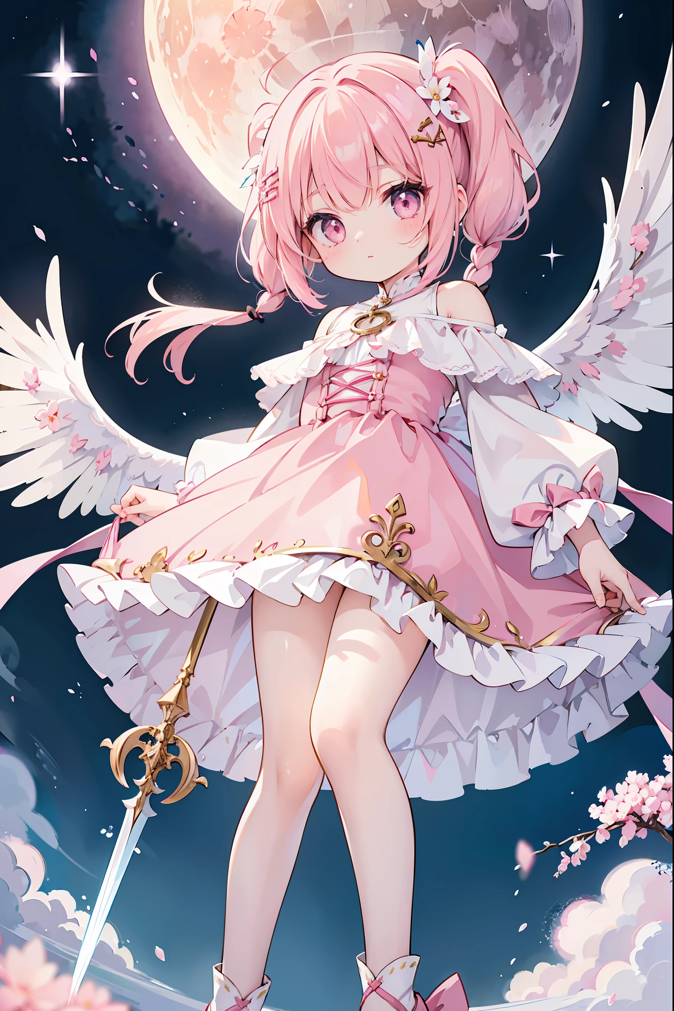 ((Top Quality)), ((Complete)), (Details), The 's pale pink hair is tied loosely, she wears a moon hair ornament, she has pretty legs, and she has a pink aura. Pink cross weapon, one wing