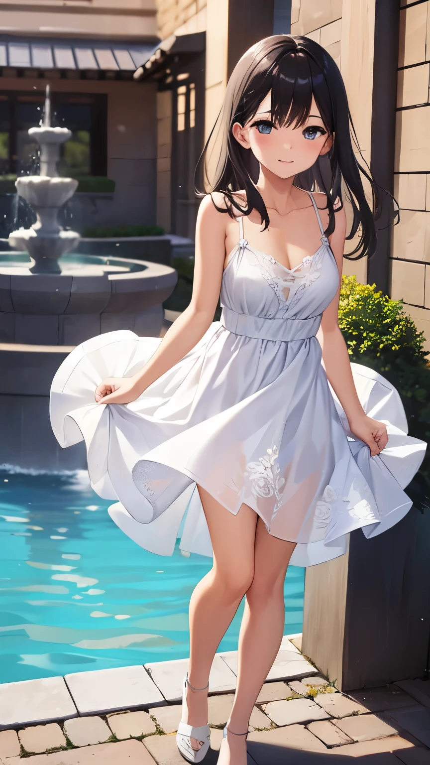 Shyness, white floral mini dress, like in a movie, waterside with a fountain, dynamic, refreshing breeze, cobblestones