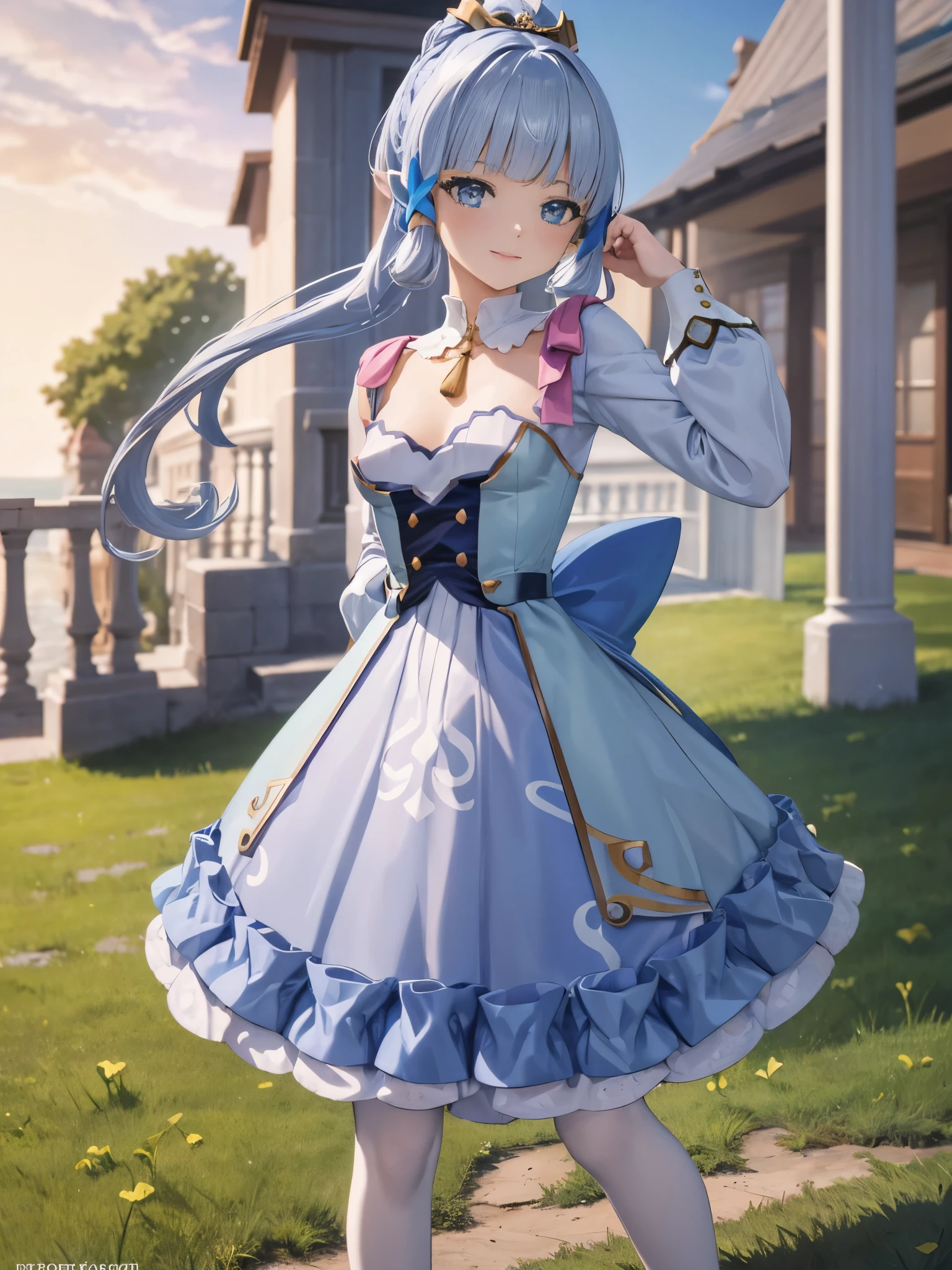 Holding the skirt with the right hand