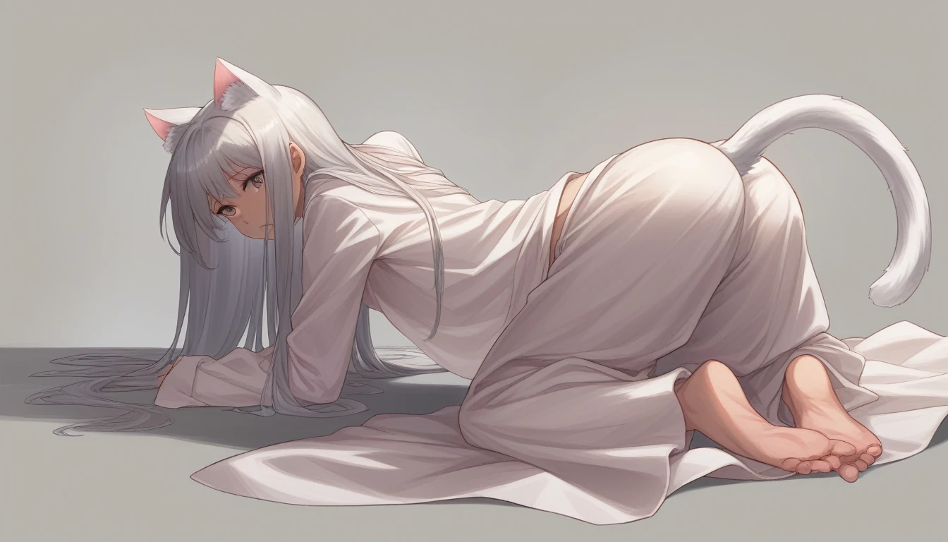 Anime boy with a white cat tail attached to his back and white hair bend over his mother lap but naked and getting a spanking.