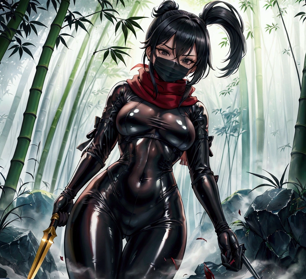  Masterpiece, Beautiful art, professional artist, 8k, shy expression, very detailed face,1 girl, view from behind, perfect ass, standing, BIG BREASTS, perfectly drawn body, pale skin, shy expression, beautiful face, black hair, short ponytail, 4k eyes, very detailed eyes, pink cheeks,  choker:1.6, (shiny black tight bodysuit), holds an ax with his right hand, Sensual Lips, show details in the eyes, dark forest, Atmosphere, fog, At night