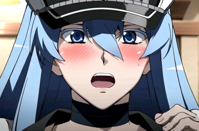 Esdeath, (aroused facial expression), open mouth, blush, sweat, breasts, large breasts, (hat), cleavage, choker, hair between eyes, (uniform), military, (military uniform), tattoo, (peaked cap), chest_tattoo, indoors, dark, facing the viewer, looking at the viewer, view from below,