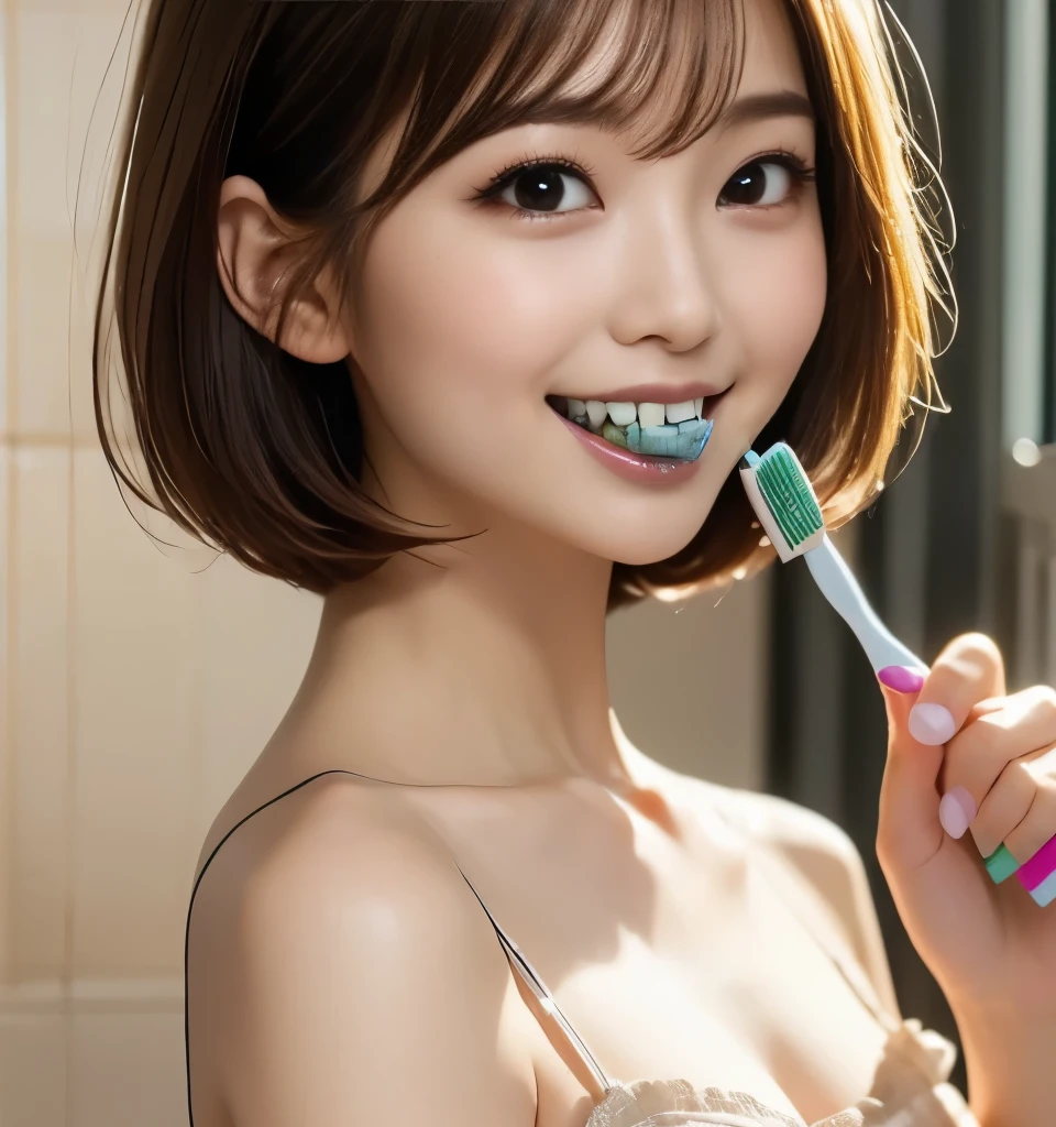 Best Quality、、Ultra-high resolution、Clear Photo、Professional Lighting、(Very cute girl、beautiful girl、Cute Yoda Yuki)、baby face、Small Face、(Very short hair:1.6)、smile、Narrow waist、Large erect nipples、(Wearing a white camisole、Wearing white panties)、Stand in front of the sink、(Brush your teeth:1.2、Toothpaste、Have a toothbrush:1.2)