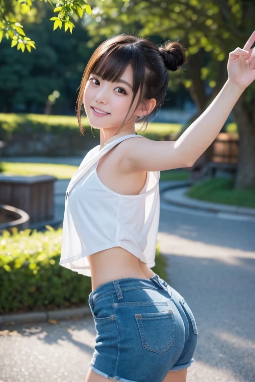 8K、Japanese、whole body、(Beautiful Japanese Girl、Classmate、Landscape and innocence、cute), Ultra-high resolution,Realistic,Ultra-detailed、Highest quality,Very detailed、Detailed Background、Slender、とてもBeautiful Japanese Girl、Detailed face:1.3), (Hair is up、Black-haired:1.4), (、cute系、Adorable 14 year oPerfect body: 1.1), (White T-shirt,Wearing short dark blue hot pants), A shy smile、Show me your beautiful teeth、非常にDetailed face、Detailed lips、Detailed eyes、 gravure idol、 Clear Skin、Inside the Arena,((whole bodyエスビアン)), Focus on the buttocks and beautiful thighs、Dynamic pose、