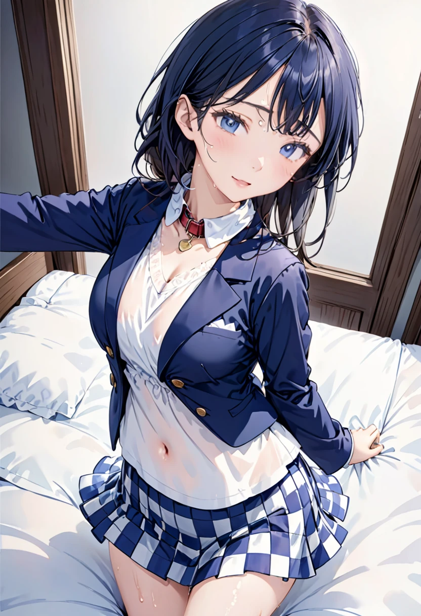 (((white shirt over naked ))), (((It's unbuttoned and the front is fully open))), ((show off nipple )), ((see through shirt)), (Masterpiece), High quality,not NSFW, real, 15-year-old beautiful girl just like the photo, (((sleeping on the bed))), (looking at the girl from directly above the bed), ((( skirt lift navy blue checked pleated skirt to reveal white lace panties))), Looking at camera, black hair, bangs, fair skin, thin eyebrows, bob hair, big breasts, out-of-this-world presence, shy smile