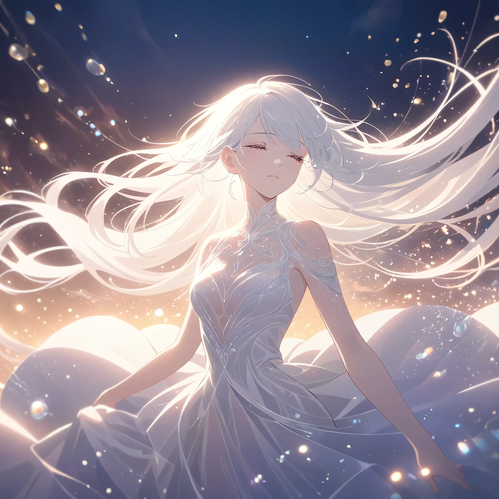 A beautiful young woman with long white hair falling gracefully from the sky, wearing a flowing white dress with a symmetrical, highly detailed face, surrounded by translucent multicolored glitters in a soft, dreamy, and dramatic lighting at golden hour, elegant and intricate.