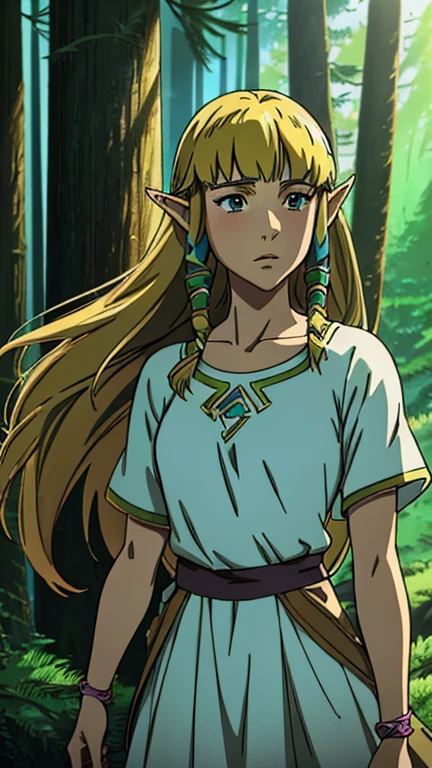 (Teens:1girl: princess zelda), (extremely detailed CG unit 8k wallpaper),(master part), (best quality), (ultra detail), (best illustration),(GHIBLI_Background), cowboy shot, (Sharp eyeliner, ombre, detailed eyes:1), forest, outdoor, ,break , (Pluto Anime Style), upper body, sksw, white dress, hair tubes, hair ribbon,