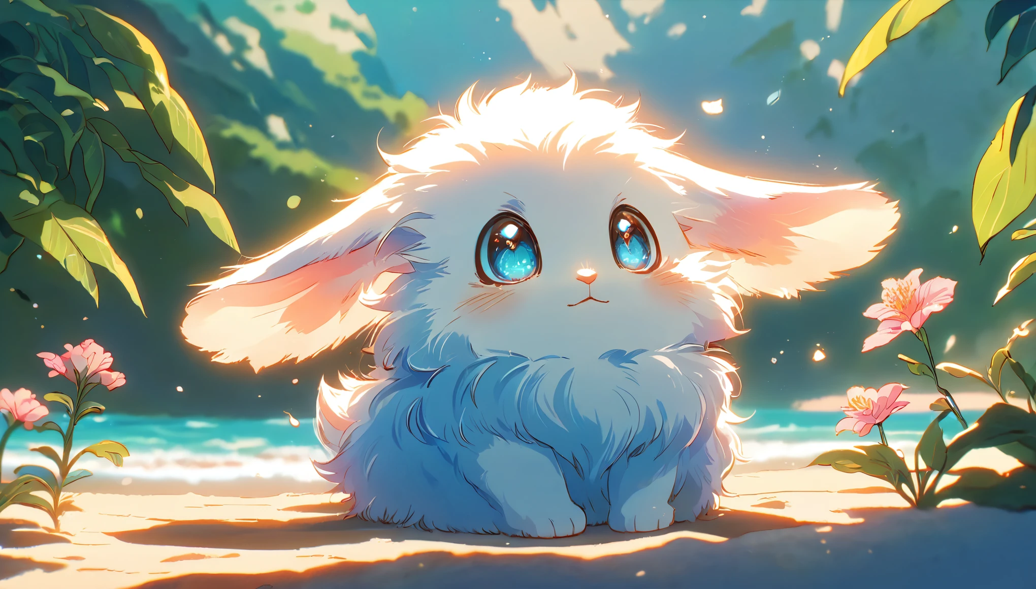 Create a close-up, animated illustration of a fluffy baby bunny sitting in Beach. Emphasize the soft fur, big eyes, and twitching nose of the bunny. The background should be a gentle blur of greenery, highlighting the cuteness and innocence of the baby bunny, by makoto shinkai, anime beautiful peace scene, beautiful anime scene, anime background art, anime landscape wallpaper, anime landscape, anime art wallpaper 4 k , anime art wallpaper 4k, beautiful anime scenery, anime art wallpaper 8 k, amazing wallpaper , Summer , Beach , Hot summer , Summer flowers