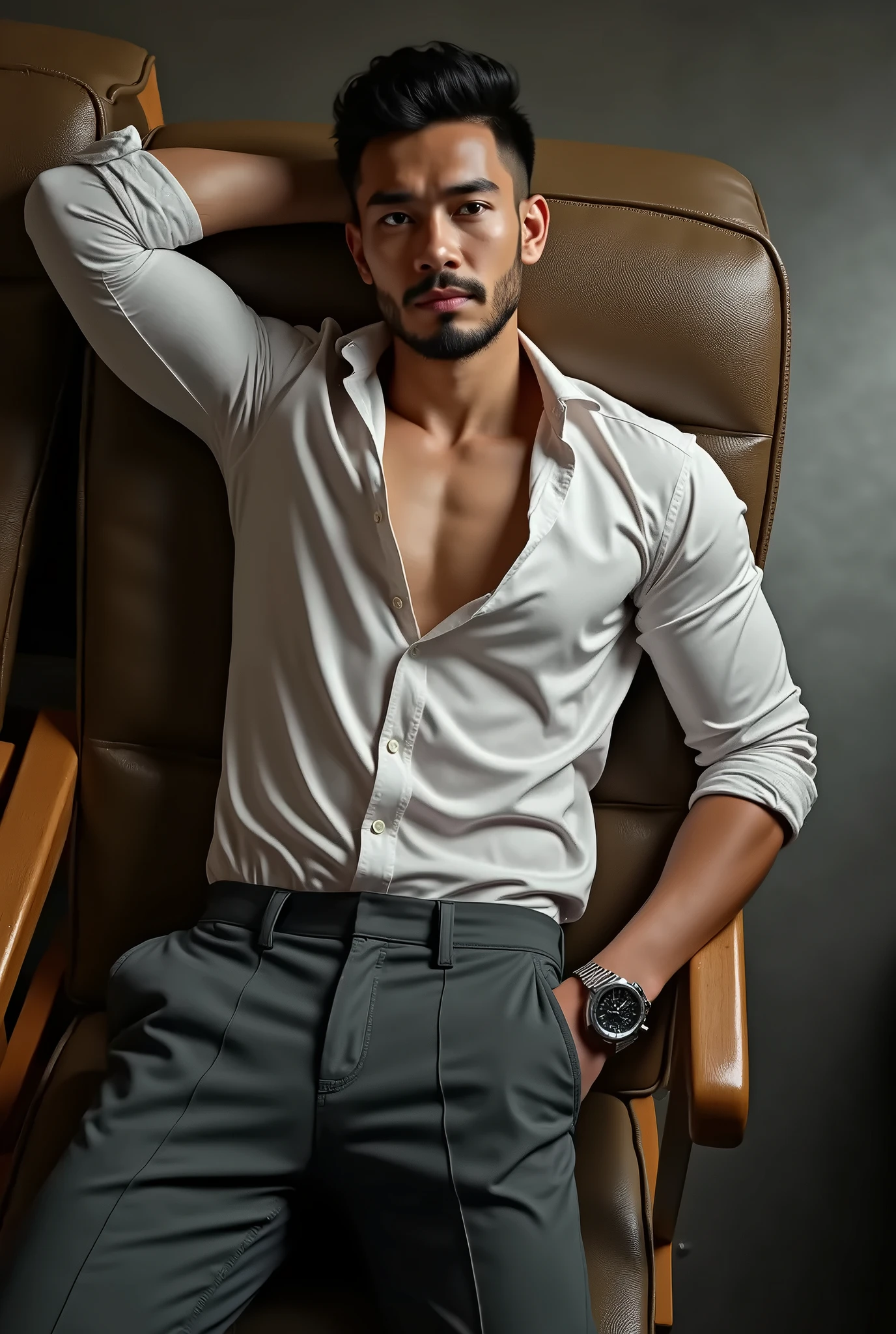 Realistic photography, handsome indian man open shirt ,Sit on the sofa , Living Room,huge Bulge in micro thong 