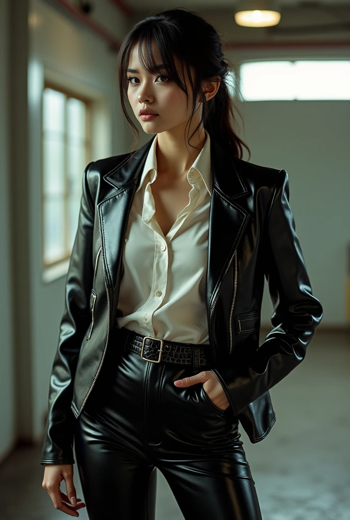 A tall, long-legged, busty, plump female teacher standing in a classroom. View from below. Pantyhose, suit jacket, miniskirt