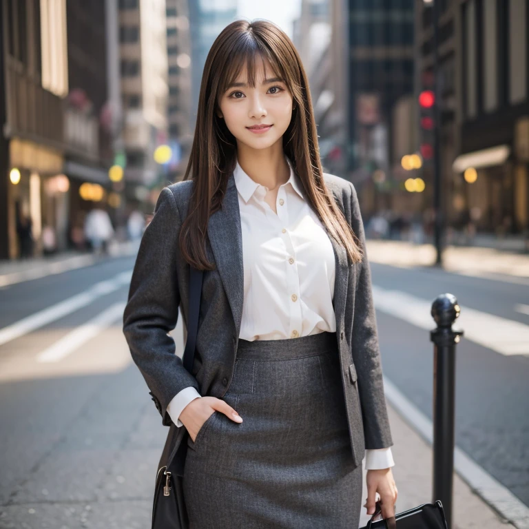 Woman in a suit standing on the sidewalk,((25-year-old woman))、Big Breasts、Dark brown hair color、Hairstyle with bangs、Various hairstyles、Hairstyles of different lengths、(8k, RAW Photos, highest quality, Tabletop: 1.2),、(Realistic, Realistic: 1.3), Cityscape,office district, Day, Sunny Morning, Professional Lighting, Photon Mapping, shirt, (Woman in a suit:1.1), ((dark Suit:1.3))、A-line skirt、(Tight Skirt:1.4)、((Delicate photo))，(Detailed RAW Photos of Girls), (Tabletop:1.25), (highest quality:1.3), (high resolution:1.4), (Realistic:1.75), 8k resolution, Canon EOS R5, 50mm, absurdes, Ultra-detailed,Cinema Lighting, (Skirt Lift:1.4)、nsfw、smile、Skirt flipped up、((race red panties))