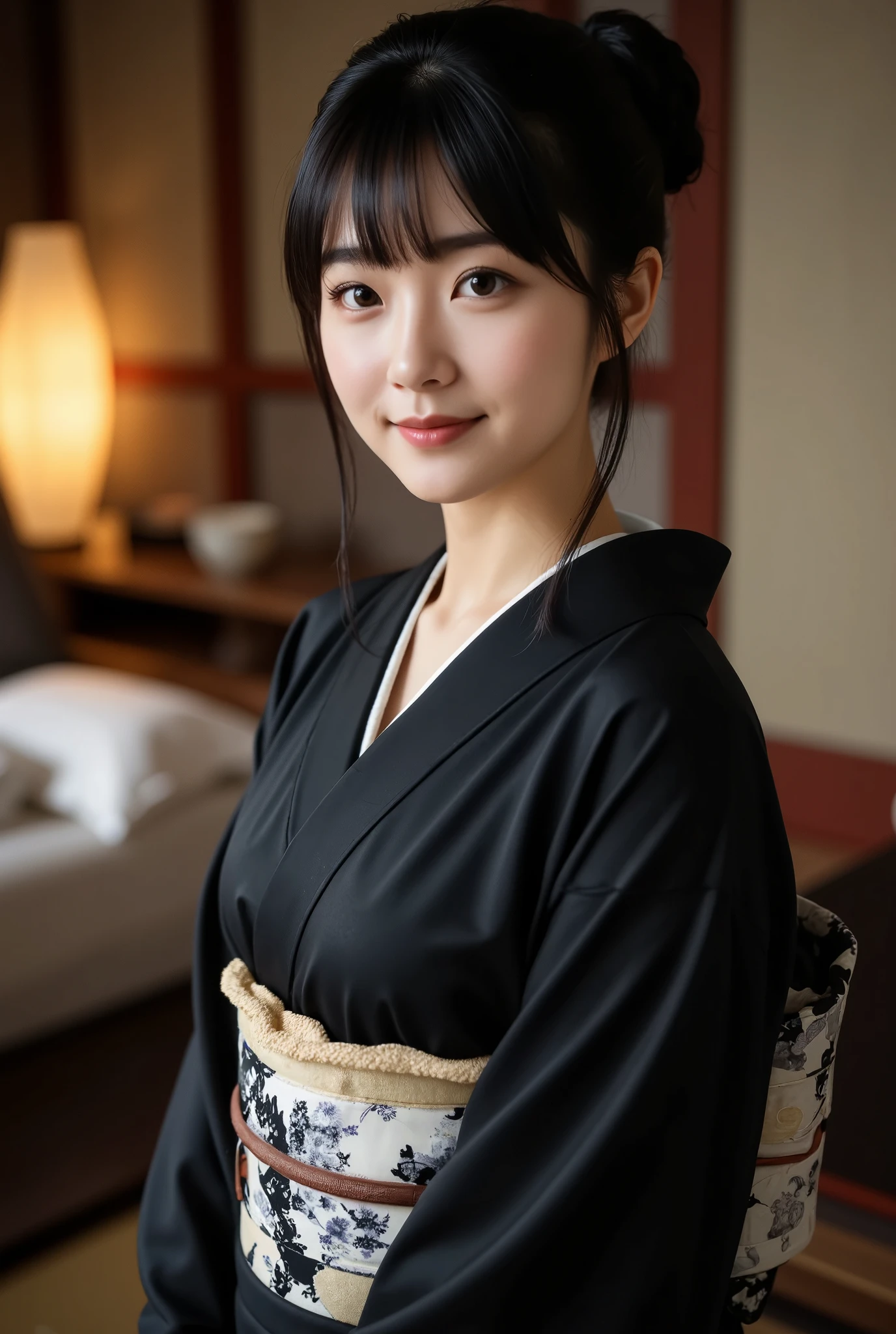 ((super photographic, superrealism)),Front view 1 woman, beautiful young Japaneses woman, her name is Junko Fuji,  (Black hair , chignon , fringe, beautiful dark brown eye, smile), (C cup breasts, wide hip), ( Japanese traditional Kimono, material black, kimono's below  flower pattern , obi, obi string ), standing pose, on tatami , in my office, Japanese lantern , house hold Shinto altar , ((super detail, high details, high quality, accurate, anatomically correct, textured skin, beautiful fingers super detail, high details, high quality, best quality))