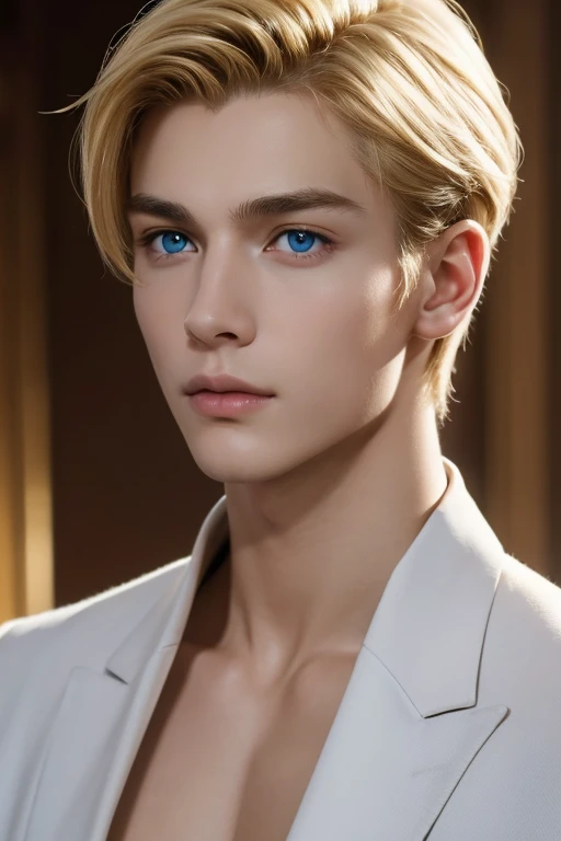 Photorealistic, ((best quality)), ((masterpiece)), (detailed), masculine portrait of a young prince, 1 male models, professional lighting, dramatic light, handsome 1boy , (thin lips:1.3), masterpiece, pale skin,(strong jaw:1), Portrait of a 1 young man, blue European prince clothing, white skin, extremely pale skin, blonde boy, european boy, blonde hair, nordic young boy, nordic blonde, handsome supermodel, sublime beauty, delicate facial features, beautiful facial features, anatomical perfection, golden ratio, commercial, perfect symmetry, facial symmetry, body symmetry, cinematographic light, ultra detailed, hyper realistic, strong jaw, beautiful blue eyes, cinematographic portrait, cinematographic quality, short hair
