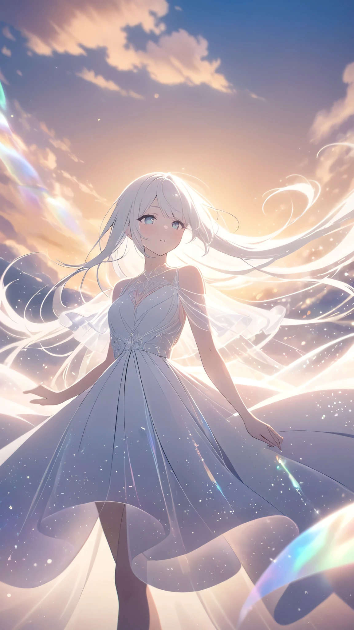 A beautiful young woman with long white hair falling gracefully from the sky, wearing a flowing white dress with a symmetrical, highly detailed face, surrounded by translucent multicolored glitters in a soft, dreamy, and dramatic lighting at golden hour, elegant and intricate.