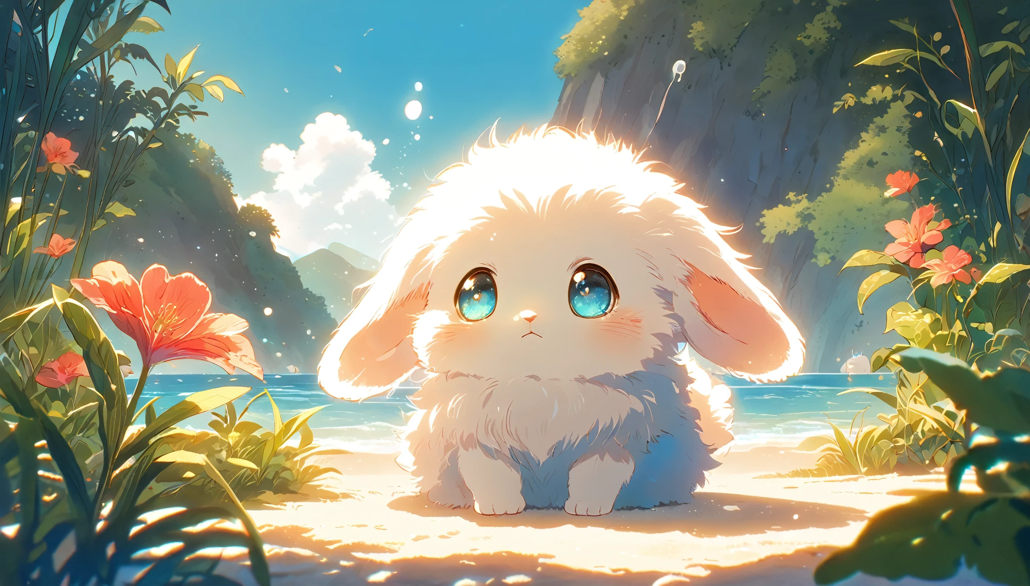 Create a close-up, animated illustration of a fluffy baby bunny sitting in Beach. Emphasize the soft fur, big eyes, and twitching nose of the bunny. The background should be a gentle blur of greenery, highlighting the cuteness and innocence of the baby bunny, by makoto shinkai, anime beautiful peace scene, beautiful anime scene, anime background art, anime landscape wallpaper, anime landscape, anime art wallpaper 4 k , anime art wallpaper 4k, beautiful anime scenery, anime art wallpaper 8 k, amazing wallpaper , Summer , Beach , Hot summer , Summer flowers