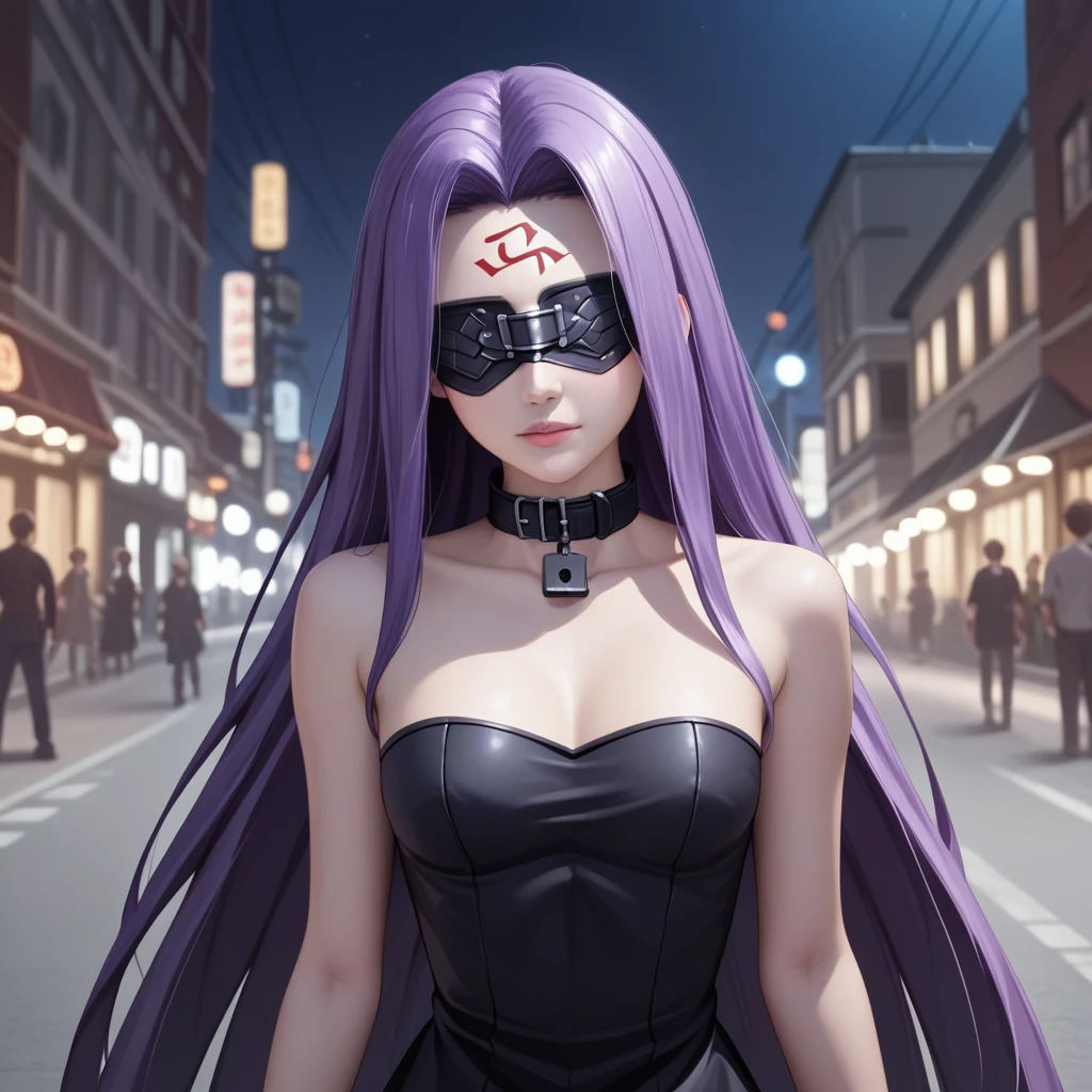 Medasa Rider, Ride Medusa, Long Hair, very Long Hair, Purple Hair, Facial marks, Forehead mark Taihai, dress, Clevis, Shoulder, Sleeveless, black dress, collar, Strapless, Strapless dress, Blindfold, forward leaning posture, 8k, ((Mastepiece)),(((Best Quality))),((Super detailed)),((((Realism)))), Photorealistic:1.37, (Ultra-realistic), (Illustration), (High resolution), (Very detailed), (最高のIllustration), (Super detailed細壁紙), (Detail face), (Beautiful expression), ((詳細 Best Qualityのスキン:1.2)), ((Moist skin)), ((Super detailed細な背景, Detailed background, Harbour Street, Dark Night, Jump over the city, Dynamic posing)), Dutch Angle, looking at viewer, Combat Ready, lock blade, connection lock, knife