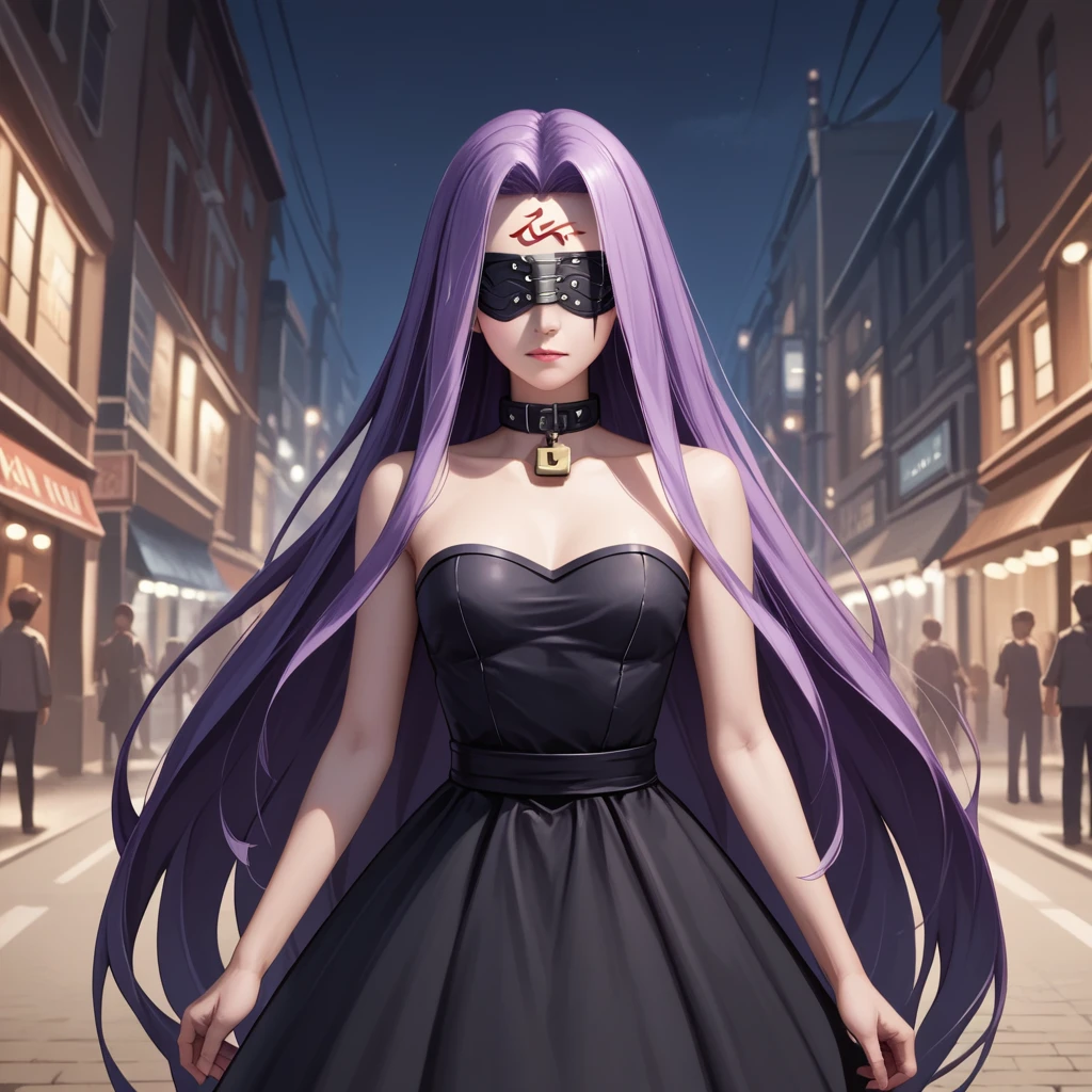 Medasa Rider, Ride Medusa, Long Hair, very Long Hair, Purple Hair, Facial marks, Forehead mark Taihai, dress, Clevis, Shoulder, Sleeveless, black dress, collar, Strapless, Strapless dress, Blindfold, 8k, ((Mastepiece)),(((Best Quality))),((Super detailed)),((((Realism)))), Photorealistic:1.37, (Ultra-realistic), (Illustration), (High resolution), (Very detailed), (最高のIllustration), (Super detailed細壁紙), (Detail face), (Beautiful expression), ((詳細 Best Qualityのスキン:1.2)), ((damp skin)), ((Super detailed細な背景, Detailed background, Harbour Street, Dark Night, Jump over the city, Dynamic posing)), Cowboy Shot, Dutch Angle, looking at viewer, lock blade, connection lock, knife