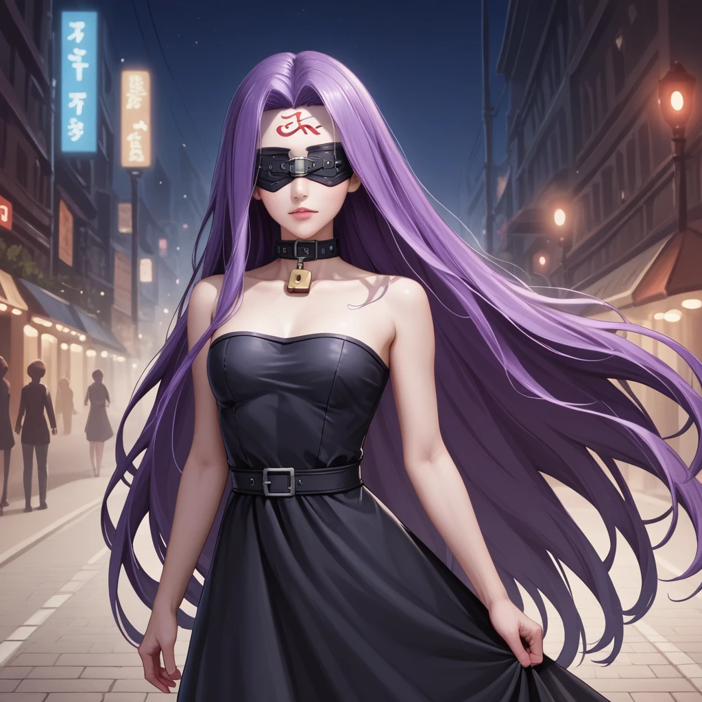 Medasa Rider, Ride Medusa, Long Hair, very Long Hair, Purple Hair, Facial marks, Forehead mark Taihai, dress, Clevis, Shoulder, Sleeveless, black dress, collar, Strapless, Strapless dress, Blindfold, 8k, ((Mastepiece)),(((Best Quality))),((Super detailed)),((((Realism)))), Photorealistic:1.37, (Ultra-realistic), (Illustration), (High resolution), (Very detailed), (最高のIllustration), (Super detailed細壁紙), (Detail face), (Beautiful expression), ((詳細 Best Qualityのスキン:1.2)), ((damp skin)), ((Super detailed細な背景, Detailed background, Harbour Street, Dark Night, Jump over the city, Dynamic posing)), Cowboy Shot, Dutch Angle, looking at viewer, lock blade, connection lock, knife