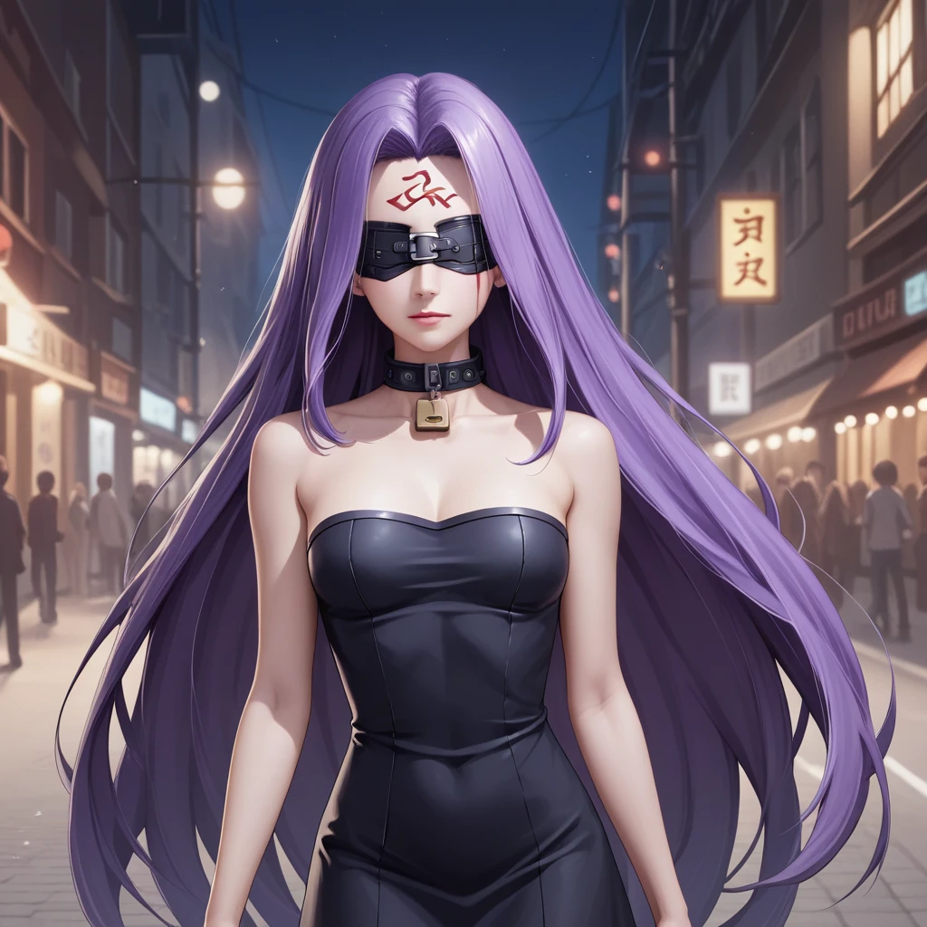 Medasa Rider, Ride Medusa, Long Hair, very Long Hair, Purple Hair, Facial marks, Forehead mark Taihai, dress, Clevis, Shoulder, Sleeveless, black dress, collar, Strapless, Strapless dress, Blindfold, 8k, ((Mastepiece)),(((Best Quality))),((Super detailed)),((((Realism)))), Photorealistic:1.37, (Ultra-realistic), (Illustration), (High resolution), (Very detailed), (最高のIllustration), (Super detailed細壁紙), (Detail face), (Beautiful expression), ((詳細 Best Qualityのスキン:1.2)), ((damp skin)), ((Super detailed細な背景, Detailed background, Harbour Street, Dark Night, Jump over the city, Dynamic posing)), Cowboy Shot, Dutch Angle, looking at viewer, lock blade, connection lock, knife