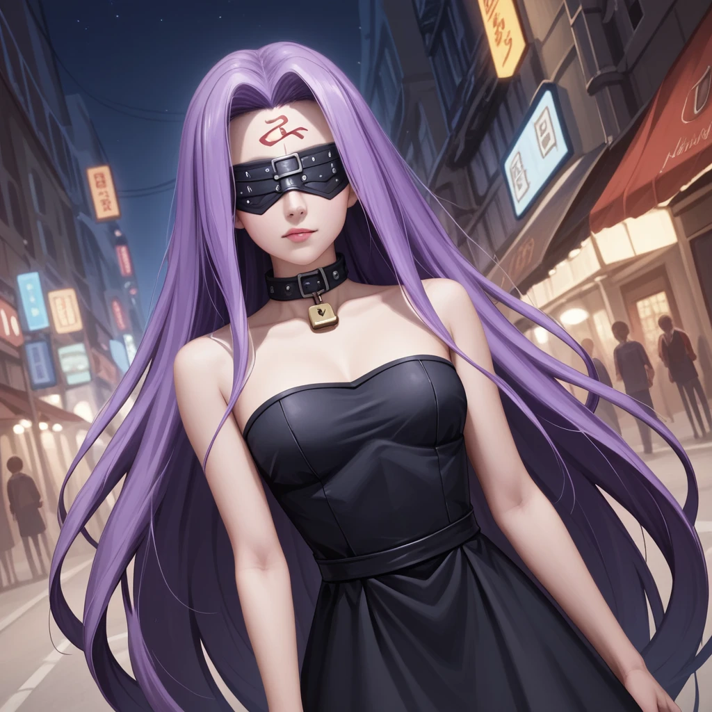 Medasa Rider, Ride Medusa, Long Hair, very Long Hair, Purple Hair, Facial marks, Forehead mark Taihai, dress, Clevis, Shoulder, Sleeveless, black dress, collar, Strapless, Strapless dress, Blindfold, 8k, ((Mastepiece)),(((Best Quality))),((Super detailed)),((((Realism)))), Photorealistic:1.37, (Ultra-realistic), (Illustration), (High resolution), (Very detailed), (最高のIllustration), (Super detailed細壁紙), (Detail face), (Beautiful expression), ((詳細 Best Qualityのスキン:1.2)), ((damp skin)), ((Super detailed細な背景, Detailed background, Harbour Street, Dark Night, Jump over the city, Dynamic posing)), Cowboy Shot, Dutch Angle, looking at viewer, lock blade, connection lock, knife