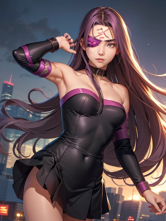 Medasa Rider, Ride Medusa, Long Hair, very Long Hair, Purple Hair, Facial marks, Forehead mark Taihai, dress, Clevis, Shoulder, Sleeveless, black dress, collar, Strapless, Strapless dress, Blindfold, 8k, ((Mastepiece)),(((Best Quality))),((Super detailed)),((((Realism)))), Photorealistic:1.37, (Ultra-realistic), (Illustration), (High resolution), (Very detailed), (最高のIllustration), (Super detailed細壁紙), (Detail face), (Beautiful expression), ((詳細 Best Qualityのスキン:1.2)), ((Moist skin)), ((Reddish cheeks)), (Super detailed細な背景, Detailed background, Harbour Street, Dark Night, Jump over the city, Dynamic posing)), Cowboy Shot, Dutch Angle, looking at viewer, Combat Ready, lock blade, connection lock, knife