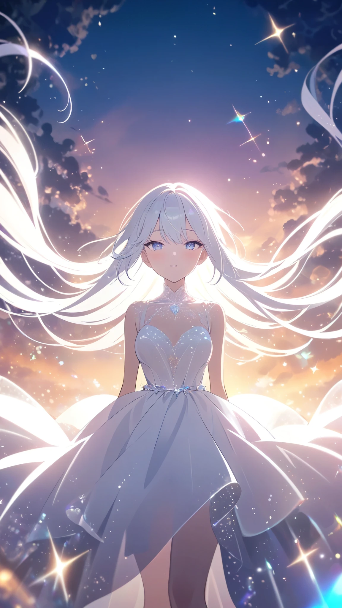 A beautiful young woman with long white hair falling gracefully from the sky, wearing a flowing white dress with a symmetrical, highly detailed face, surrounded by translucent multicolored glitters in a soft, dreamy, and dramatic lighting at golden hour, elegant and intricate,vivid color,sparkling 