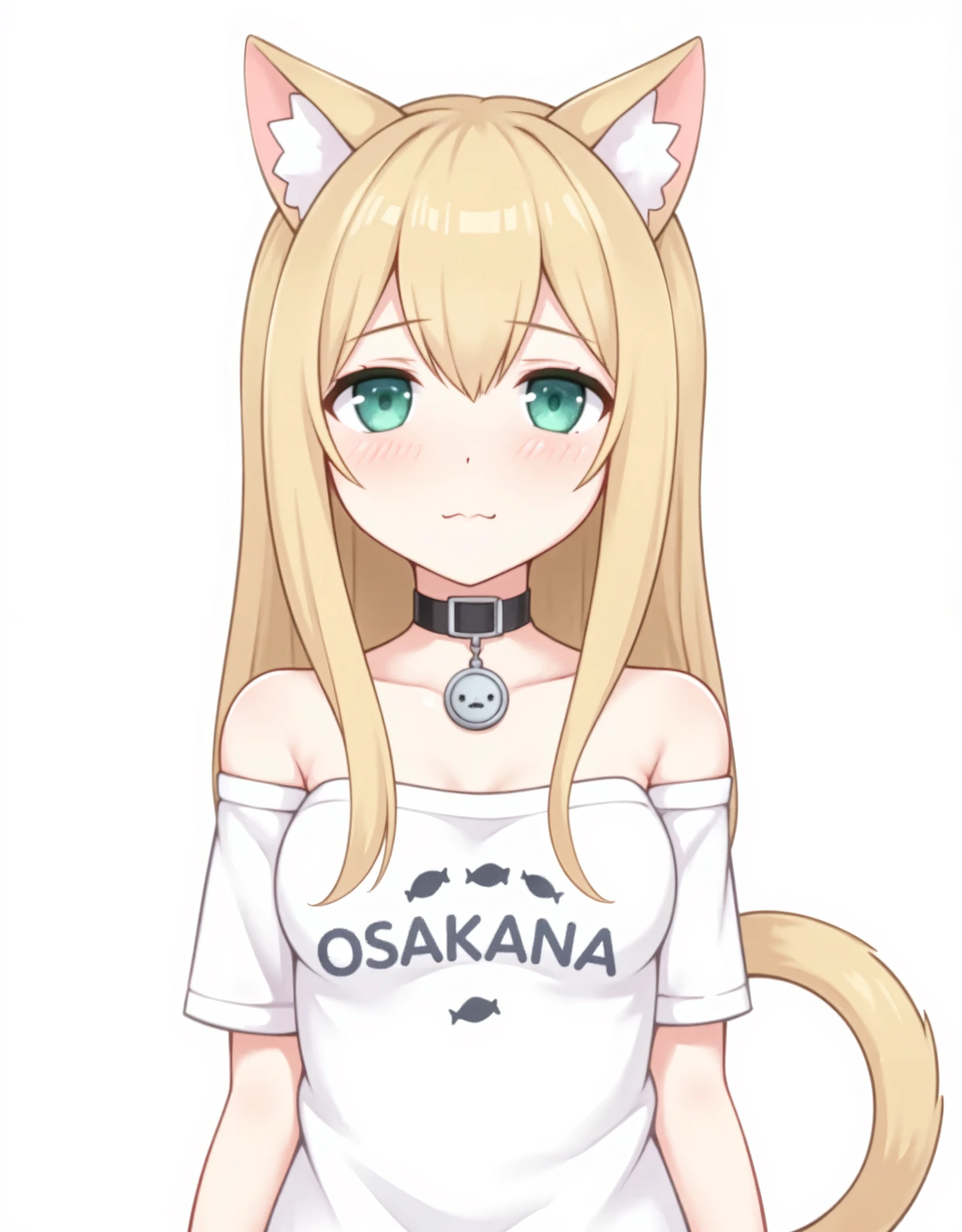 masterpiece,best quality, 1girl,solo,a *********** with a shirt that says osakakana , cat ears,cat tail, aqua_eyes, blond hair,  cat girl, bangs, t-shirt ,oversized_shirt, red_collar , paw pose, on knees  <lora:Osakana_loRa2_32x16:0.7>  <lora:add_detail:0.7>