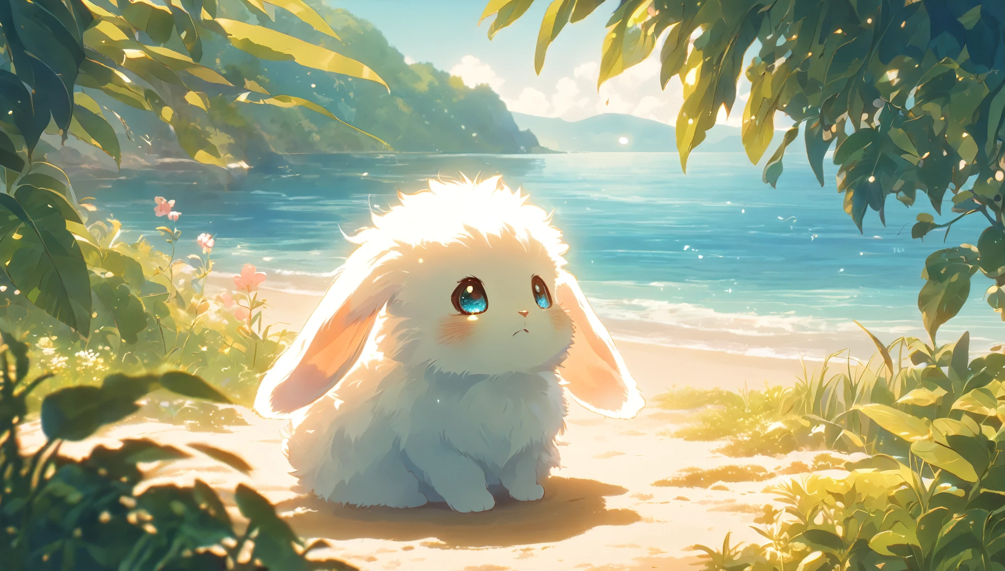 Create a close-up, animated illustration of a fluffy baby bunny sitting in Beach. Emphasize the soft fur, big eyes, and twitching nose of the bunny. The background should be a gentle blur of greenery, highlighting the cuteness and innocence of the baby bunny, by makoto shinkai, anime beautiful peace scene, beautiful anime scene, anime background art, anime landscape wallpaper, anime landscape, anime art wallpaper 4 k , anime art wallpaper 4k, beautiful anime scenery, anime art wallpaper 8 k, amazing wallpaper , Summer , Beach , Hot summer , Summer flowers