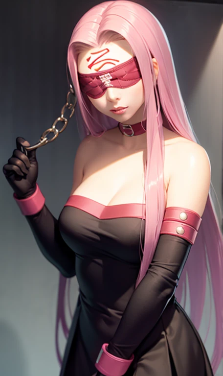 masterpiece of the highest quality,One girl, Pink Hair,(Blindfold:1.5),dress,chest, Long Hair, Alone, Medusa (destiny), Clevis, large chest, Medusa (rider) (destiny), Facial marks, Strapless, Mark on forehead looking at viewer, Purple Hair, gloves, very Long Hair, dress, Strapless dress, Simple Background, Elbow Gloves,(KBXLL-san:0)