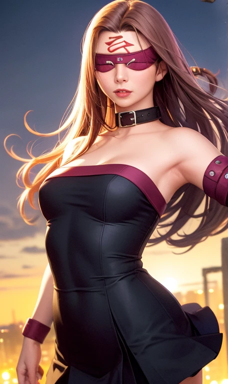 Medasa Rider, Ride Medusa, Long Hair, very Long Hair, Purple Hair, Facial marks, Forehead mark Taihai, dress, Clevis, Shoulder, Sleeveless, black dress, collar, Strapless, Strapless dress, Blindfold, 8k, ((Mastepiece)),(((Best Quality))),((Super detailed)),((((Realism)))), Photorealistic:1.37, (Ultra-realistic), (Illustration), (High resolution), (Very detailed), (最高のIllustration), (Super detailed細壁紙), (Detail face), (Beautiful expression), ((詳細 Best Qualityのスキン:1.2)), ((Moist skin)), ((Reddish cheeks)), (Super detailed細な背景, Detailed background, Harbour Street, Dark Night, Jump over the city, Dynamic posing)), Cowboy Shot, Dutch Angle, looking at viewer, Combat Ready, lock blade, connection lock, knife