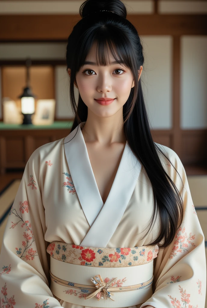 ((super photographic, superrealism)),Front view 1 woman, beautiful young Japaneses woman, her name is Junko Fuji,  30-age, (Black hair , chignon , fringe, beautiful dark brown eye, smile), (C cup breasts, wide hip), ( Japanese traditional Kimono, kimono's below  flower pattern , White obi flower pattern, obi string ), standing pose, on tatami , in my office, Japanese lantern , house hold Shinto altar , ((super detail, high details, high quality, accurate, anatomically correct, textured skin, beautiful fingers super detail, high details, high quality, best quality))