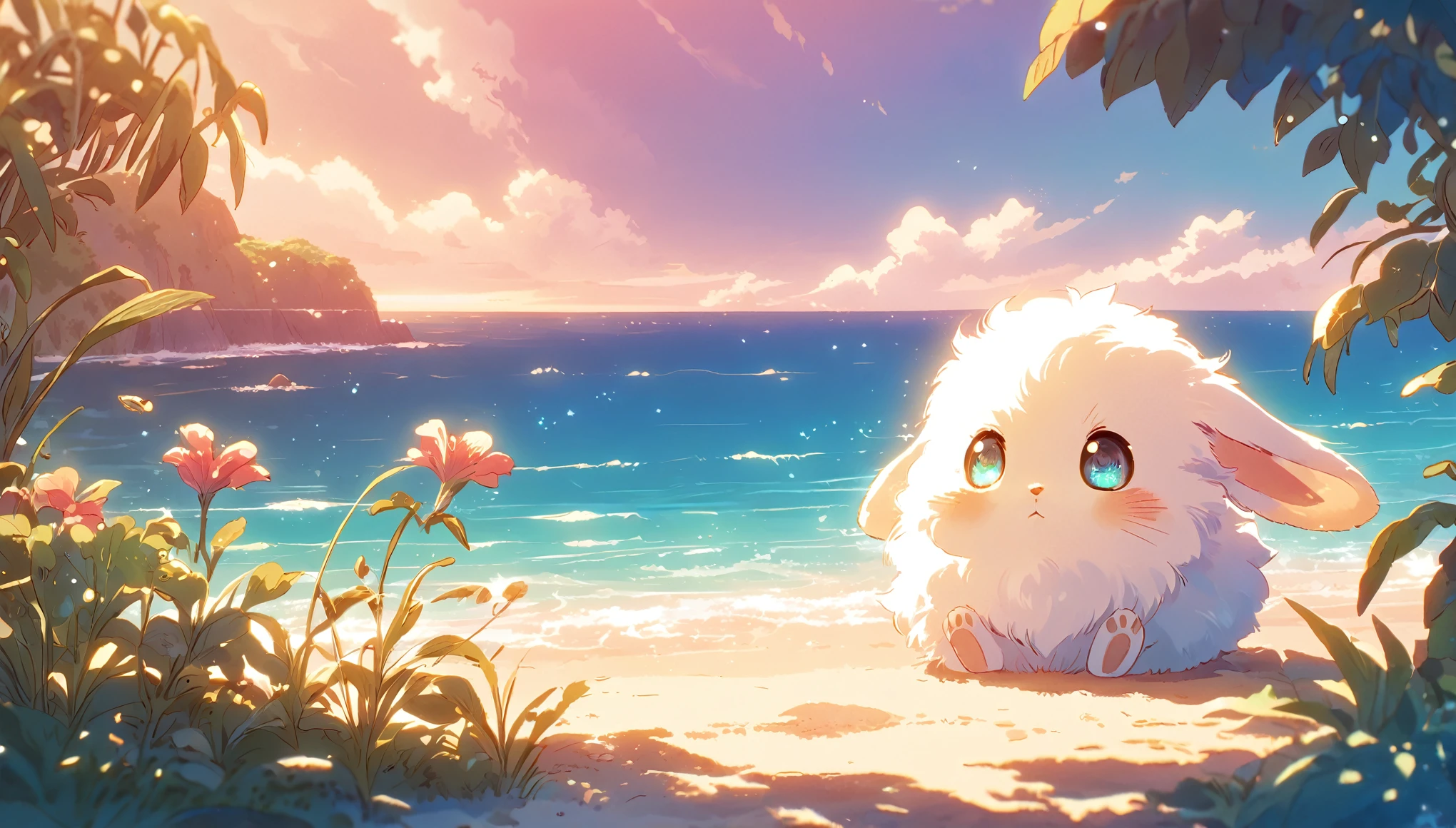 Create a close-up, animated illustration of a fluffy baby bunny sitting in Beach. Emphasize the soft fur, big eyes, and twitching nose of the bunny. The background should be a gentle blur of greenery, highlighting the cuteness and innocence of the baby bunny, by makoto shinkai, anime beautiful peace scene, beautiful anime scene, anime background art, anime landscape wallpaper, anime landscape, anime art wallpaper 4 k , anime art wallpaper 4k, beautiful anime scenery, anime art wallpaper 8 k, amazing wallpaper , Summer , Beach , Hot summer , Summer flowers