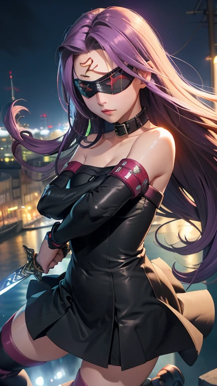 Score_9, Score_8_up, Score_7_up, sauce_anime, Medasa Rider, Ride Medusa, Long Hair, very Long Hair, Purple Hair, Facial marks, Forehead mark Taihai, dress, Clevis, Shoulder, Sleeveless, black dress, collar, Strapless, Strapless dress, Blindfold, ((Detailed Background, Outdoor, Harbour Street, Dark Night, Jump over the city, Sword fighting pose)), Cowboy Shot, Dutch Angle, looking at viewer, Combat Ready, lock blade, connection lock, knife,