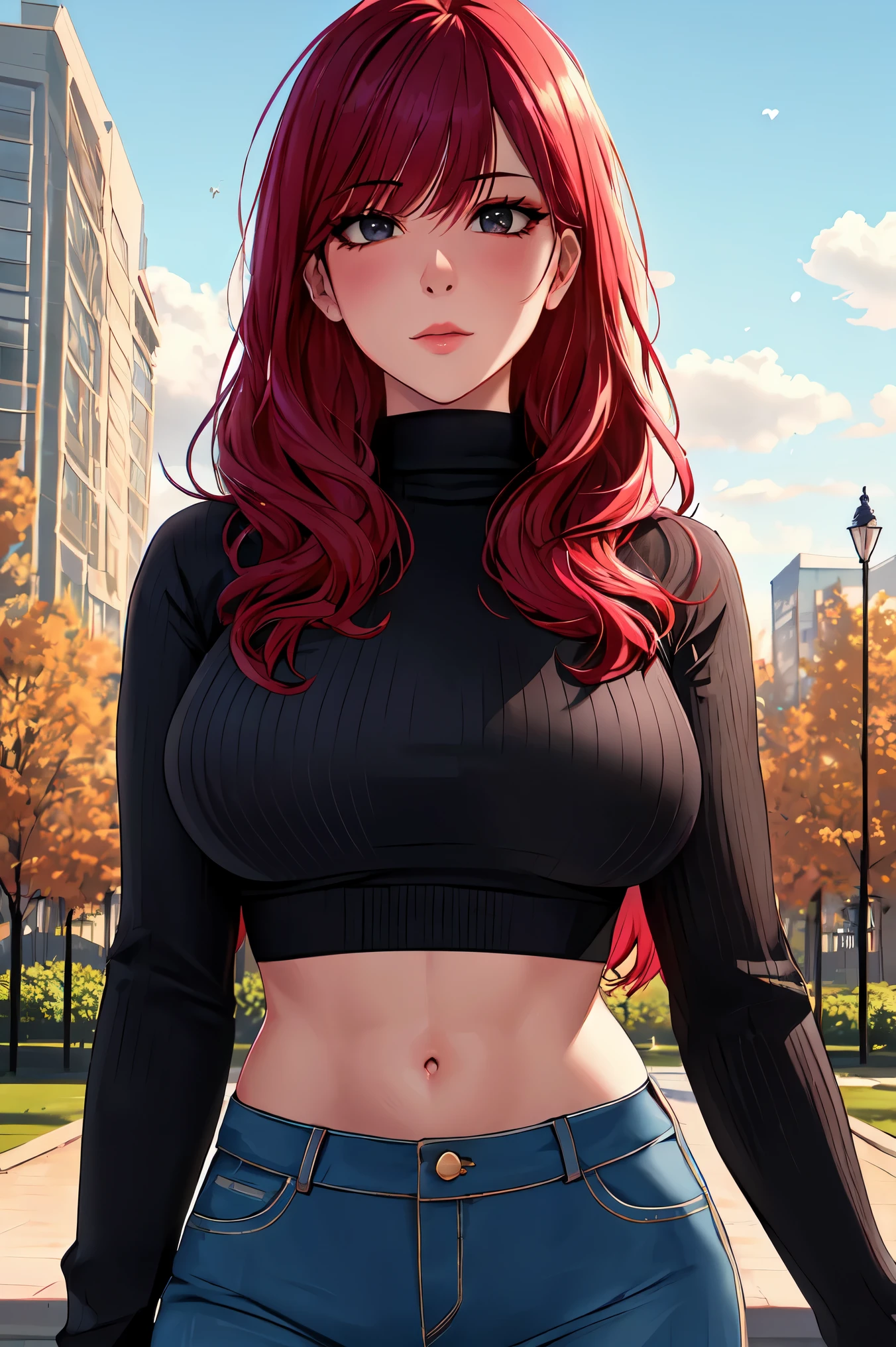 Anime girl with red hair and black top posing in the park - SeaArt AI
