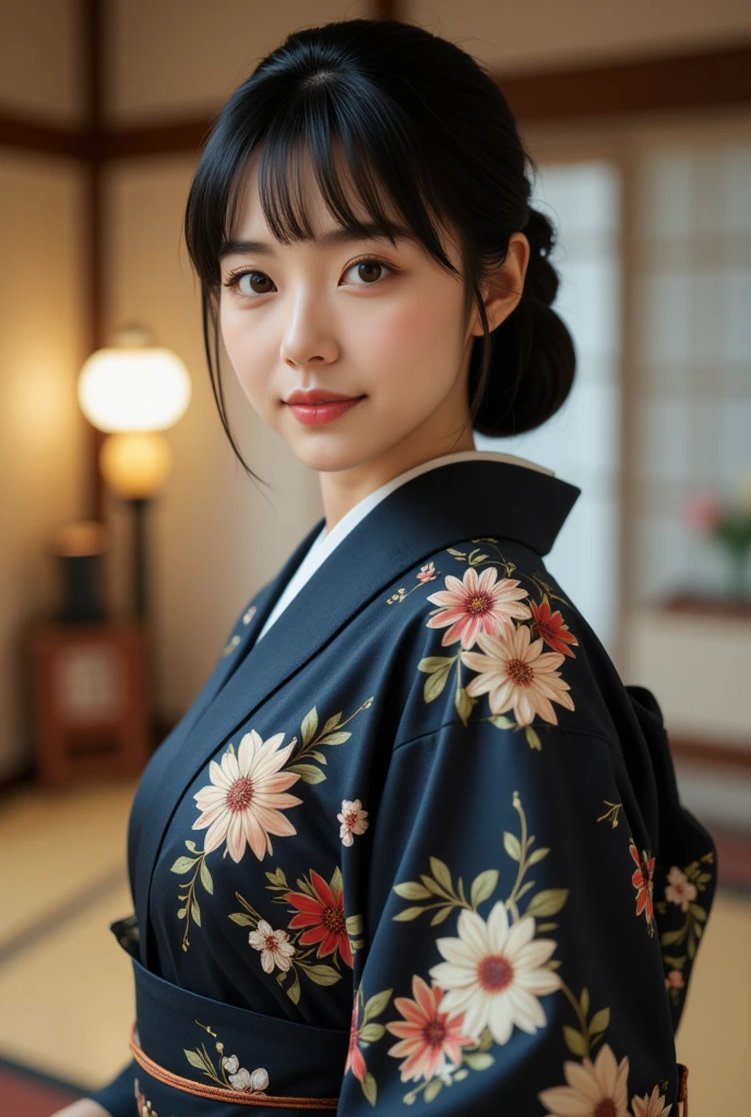 ((super photographic, superrealism)), side view 1 woman, beautiful young Japaneses woman, her name is Junko Fuji,  30-age, (Black hair , chignon , fringe, beautiful dark brown eye, smile), (C cup breasts, wide hip), ( Japanese traditional Kimono, kimono's below  flower pattern , black obi with flower pattern, obi string ), standing pose, on tatami , in my office, Japanese lantern , house hold Shinto altar , ((super detail, high details, high quality, accurate, anatomically correct, textured skin, beautiful fingers super detail, high details, high quality, best quality))