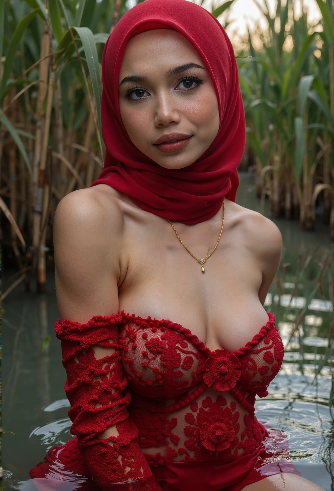 Wearing Red Satin Hijab , (Dato' Sri Brenda song), His body is too thin & Naked at river, Best Quality, Ultra-detailed, Naked, naked, naked,