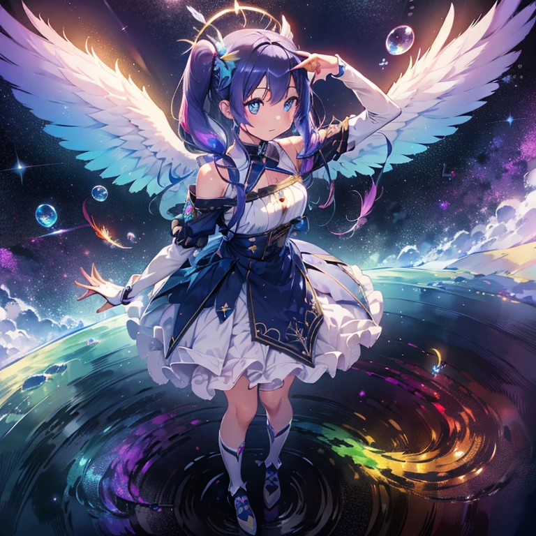 Heroine flying and passing through a glass wall in universe. 2d animation style, ultra realistic anime scene.