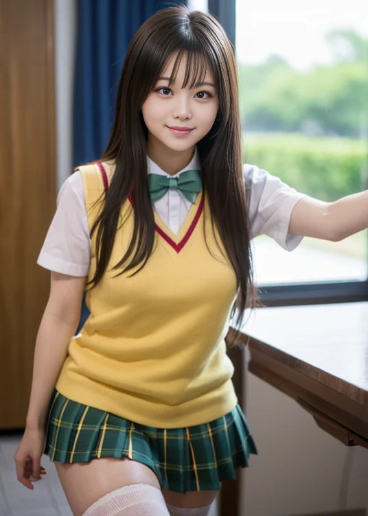 Highest quality, Face Focus, Soft Light, Ultra-high resolution, (Realistic:1.4), RAW Photos, 1 Japanese girl, alone, cute, (A shy smile:0.5), (Brown eyes, Light in your eyes), Beautiful face in every detail, (Small box),(High resolution detail of human skin texture), (Semi-long hair、Wolf Cut、Light green), break, In the classroom,Navy uniform, Best, skirt、