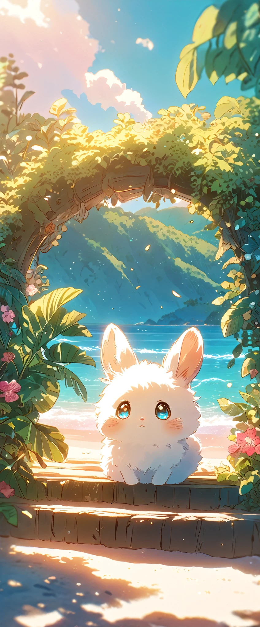 Create a close-up, animated illustration of a fluffy baby bunny sitting in Beach. Emphasize the soft fur, big eyes, and twitching nose of the bunny. The background should be a gentle blur of greenery, highlighting the cuteness and innocence of the baby bunny, by makoto shinkai, anime beautiful peace scene, beautiful anime scene, anime background art, anime landscape wallpaper, anime landscape, anime art wallpaper 4 k , anime art wallpaper 4k, beautiful anime scenery, anime art wallpaper 8 k, amazing wallpaper , Summer , Beach , Hot summer , Summer flowers