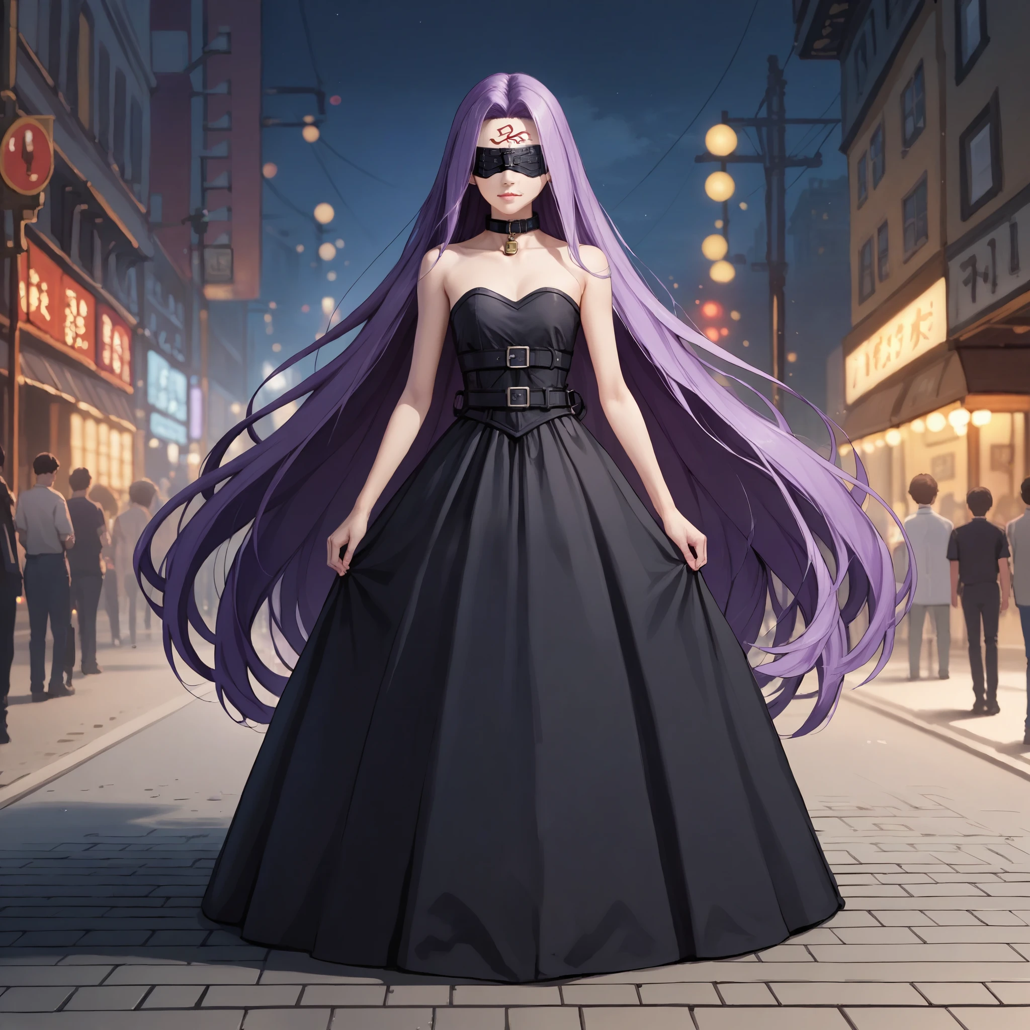 Medasa Rider, Ride Medusa, Long Hair, very Long Hair, Purple Hair, Facial marks, Forehead mark Taihai, dress, Clevis, Shoulder, Sleeveless, black dress, collar, Strapless, Strapless dress, Blindfold, Full body photography, forward leaning posture, 8k, ((Mastepiece)),(((Best Quality))),((Super detailed)),((((Realism)))), Photorealistic:1.37, (Ultra-realistic), (Illustration), (High resolution), (Very detailed), (最高のIllustration), (Super detailed細壁紙), (Detail face), (Beautiful expression), ((詳細 Best Qualityのスキン:1.2)), ((damp skin)), ((Super detailed細な背景, Detailed background, Harbour Street, Dark Night, Jump over the city, Dynamic posing)), looking at viewer, Combat Ready, lock blade, connection lock, knife