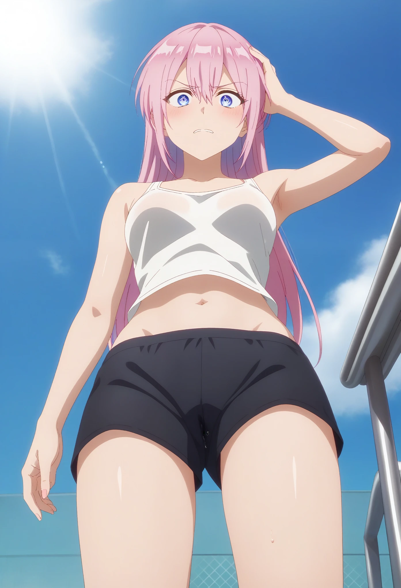 gorgeous lips, cinematic, (masterpiece), (best quality), (ultra-detailed), very aesthetic, perfect composition, intricate details, absurdres, detailed face, (anime, masterpiece, intricate:1.3), (best quality, hires textures, high detail:1.2), A pretty girl with perfect figure,(14years,150cm), (White one-piece swimsuit with pink lines,), Very small breasts,Straight hair,bangss,Stand in the ring of professional wrestling,extremely detailed face and skin, Detailed eyes,knee high socks,wristbands,Grinning smile, Slim body, Slender girl, Slim thighs,small hip,Pose with hands on hips,fight in professional wrestling