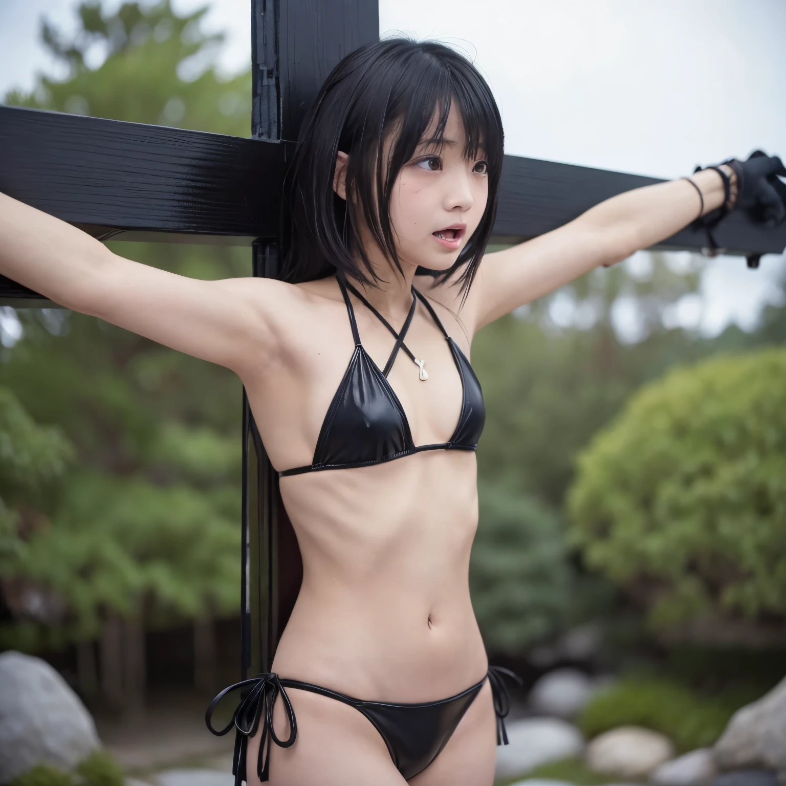 ((クロスにCrucifixionにされた日本人女性：1.5)),Crucifixion、cross、Shiina Momo、Momo Shiina、Leather triangle bikini、Crying and screaming、Bondage、SM、AV、Realistic and high definition、Highest quality photos