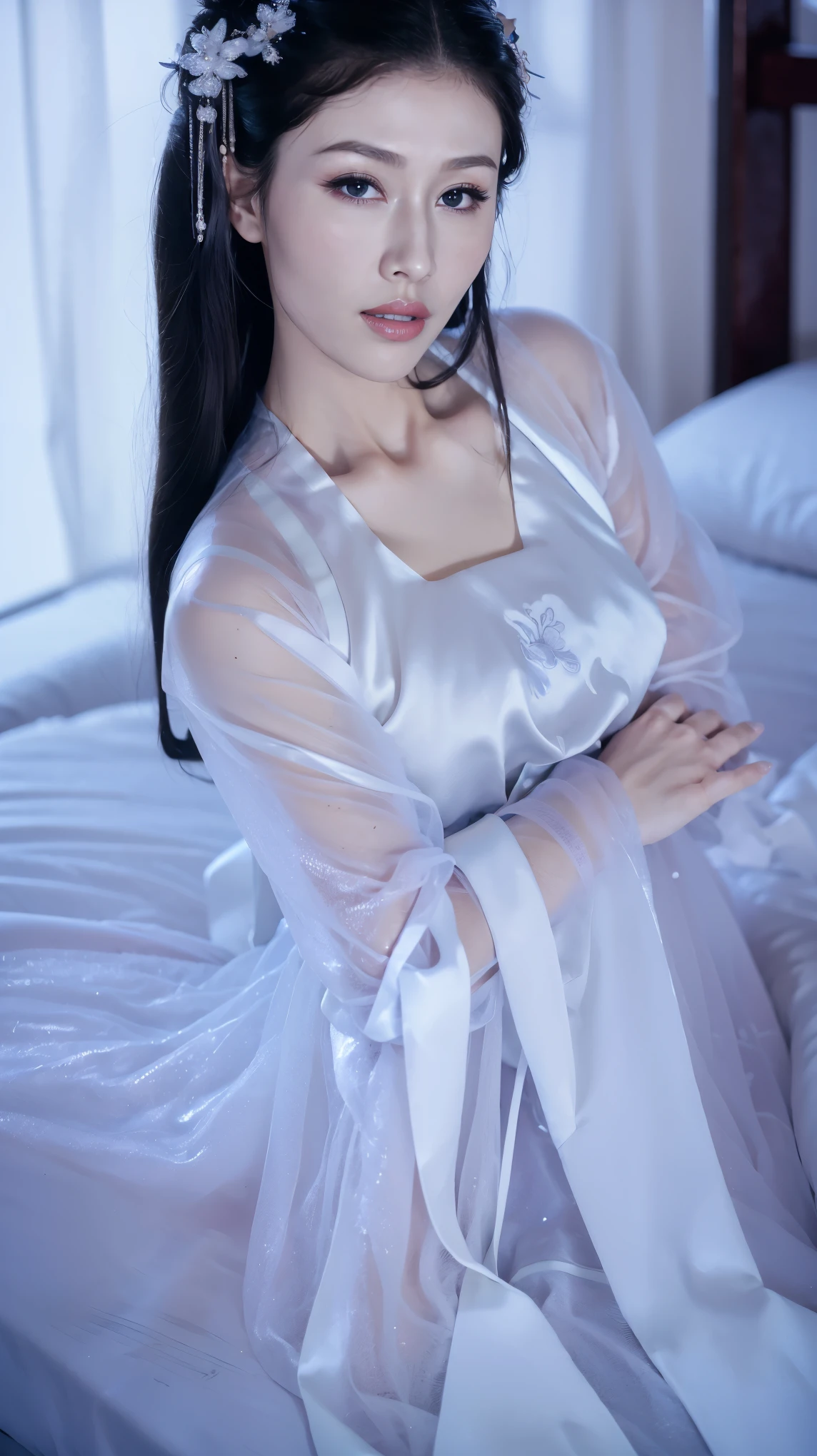 **Title: "Beneath the Satin Veil"**
The city skyline looms in the background, an ocean of lights and shadows under the dark night sky. In the quiet stillness, an Asian Korean girl stands barefoot, her white satin garment clinging to her wet skin. The satin, now almost translucent due to the moisture, reveals glimpses of her figure beneath, with the delicate mesh overlay accentuating the contours of her body. She had been preparing for her wedding, a moment that was supposed to be the happiest of her life. Her delicate makeup highlights her natural beauty, but the sheen of sweat on her clavicle tells another story—one of tension and concealed emotions.
She is not just a bride. Beneath the calm exterior and the white satin lies a deeper secret. Her hair, wet and disheveled, sticks to her face and neck, as she turns around slowly. The crowd, perhaps a group of wedding guests, watches her, unaware of the storm brewing inside her. Her expression is a masterful blend of shyness and hidden anger, a woman torn between the life she was supposed to live and the past she cannot escape.
The white satin mesh, now clinging to her like a second skin, creates an almost ethereal effect, juxtaposed with the sweat that highlights her tense, fragile state. Every detail in this scene speaks to the conflict within her: the wet clothes sticking to her body, the sweat glistening on her skin, the calm night that contrasts with the turmoil in her heart. She is not just shy; she is a killer, forced to wear the guise of a bride. The chair beside her is empty, waiting for the moment when she decides whether to sit or to strike. In this moment, she is both the innocent bride and the vengeful force, a figure of elegance and quiet fury, all under the moonlit sky.