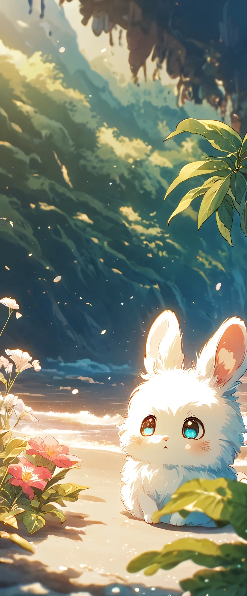 Create a close-up, animated illustration of a fluffy baby bunny sitting in Beach. Emphasize the soft fur, big eyes, and twitching nose of the bunny. The background should be a gentle blur of greenery, highlighting the cuteness and innocence of the baby bunny, by makoto shinkai, anime beautiful peace scene, beautiful anime scene, anime background art, anime landscape wallpaper, anime landscape, anime art wallpaper 4 k , anime art wallpaper 4k, beautiful anime scenery, anime art wallpaper 8 k, amazing wallpaper , Summer , Beach , Hot summer , Summer flowers