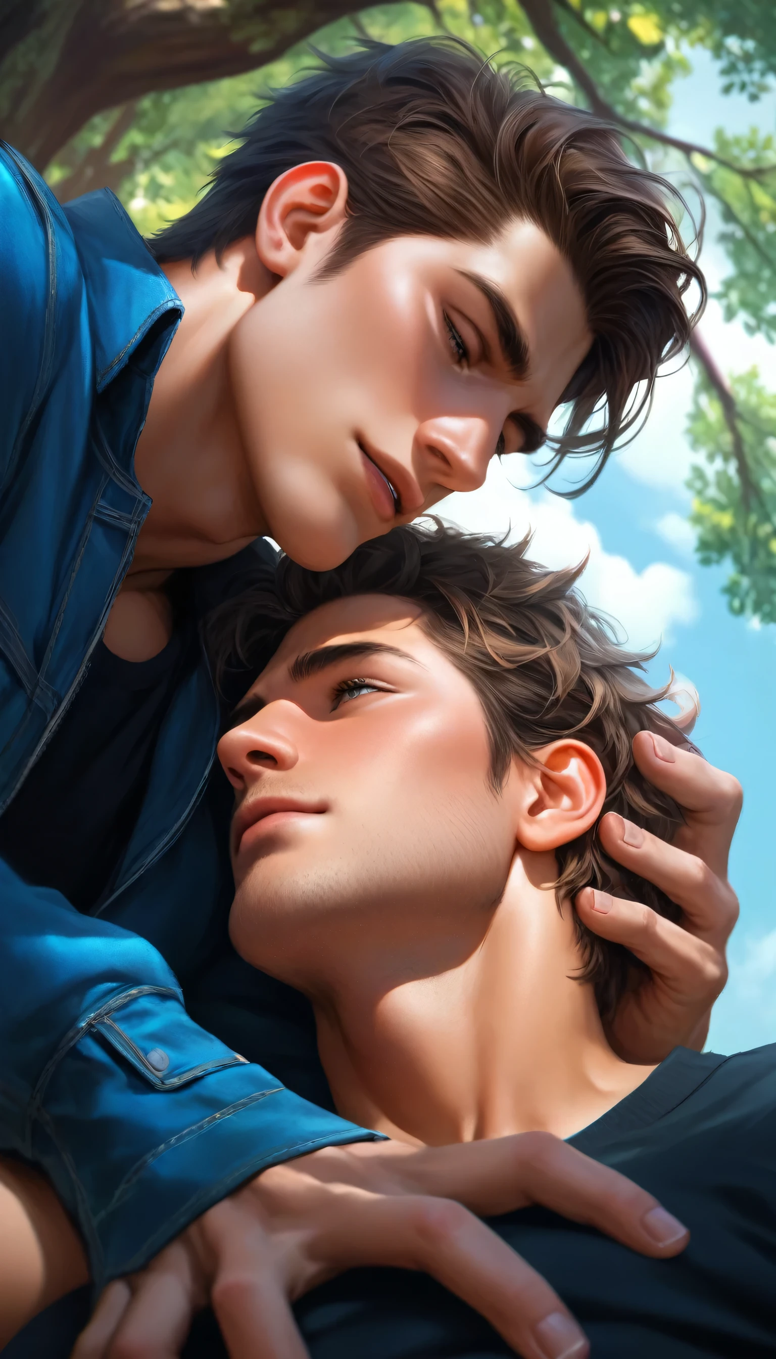 NSFW, gay, yaoi, sexy, homoerotic, best quality, masterpiece, photorealistic, extremely romantic atmosphere, two handsome men, straight hair, muscular bodybuilders, resting under a tree, their noses touching, looking at each other lovingly, perfect fingers, perfect hands, perfect face, perfection
