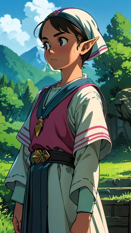 (Teens:1girl: young zelda), (extremely detailed CG unit 8k wallpaper),(master part), (best quality), (ultra detail), (best illustration),(GHIBLI_Background), cowboy shot, (Sharp eyeliner, ombre, detailed eyes:1), Playground, outdoor, ,break , (takamichi style), upper body, 