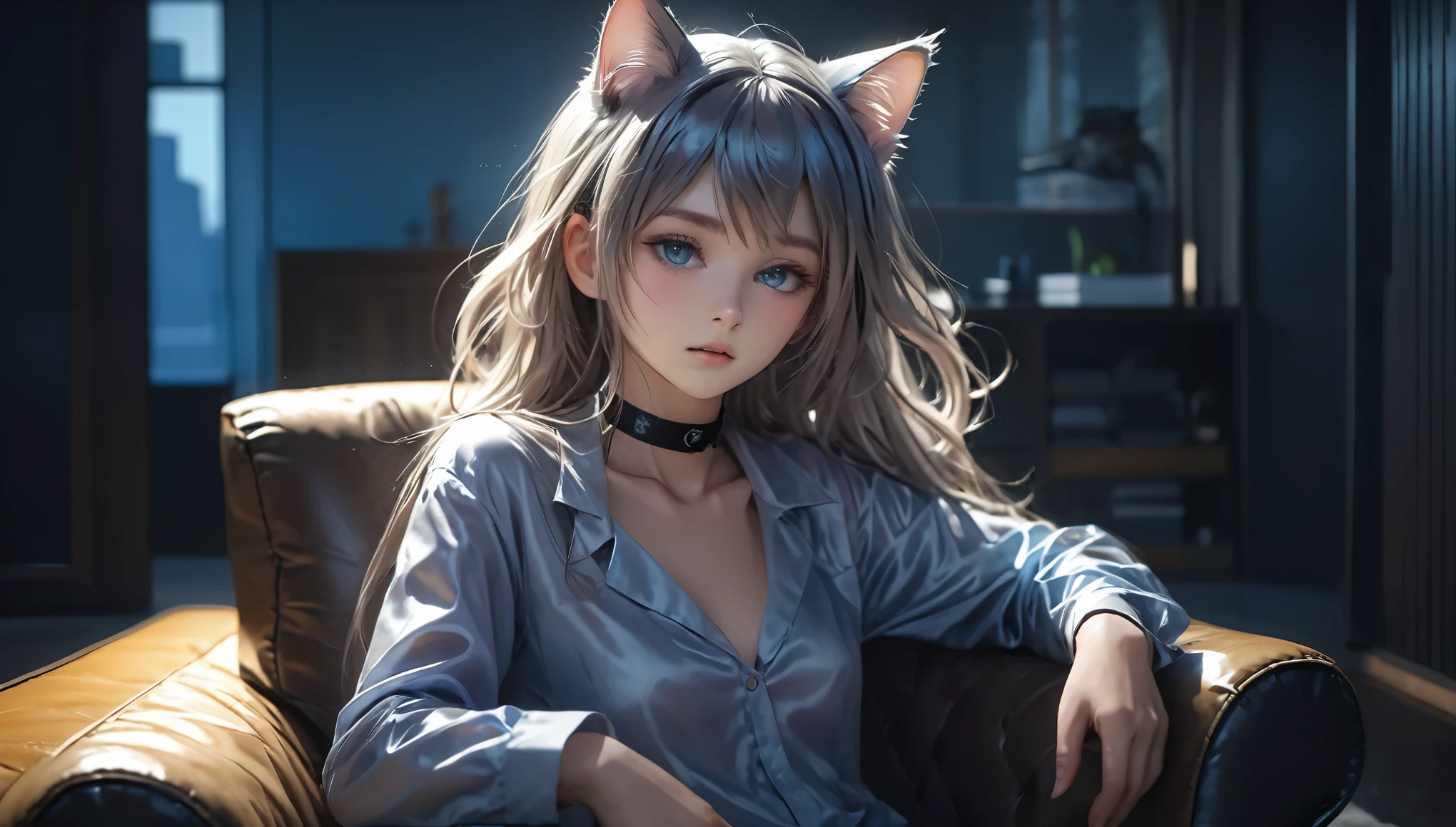 8k, super detail, best quality, UHD, textured skin, ((((barely  girl, with cat ears and choker, in a shiny silky shirt with revealing and plunging cleavage)))), ((small perky breasts, beautiful detailed eyes, beautiful detailed lips, small closed mouth, extremely detailed face, pale skin, random long hairstyle, small hips, in a cozy apartment sitting on a chair, fear on the face)), moody atmosphere, dramatic and random colors, futuristic setting, intricate details, night, backlight, full body shot, view from a distance, random pose