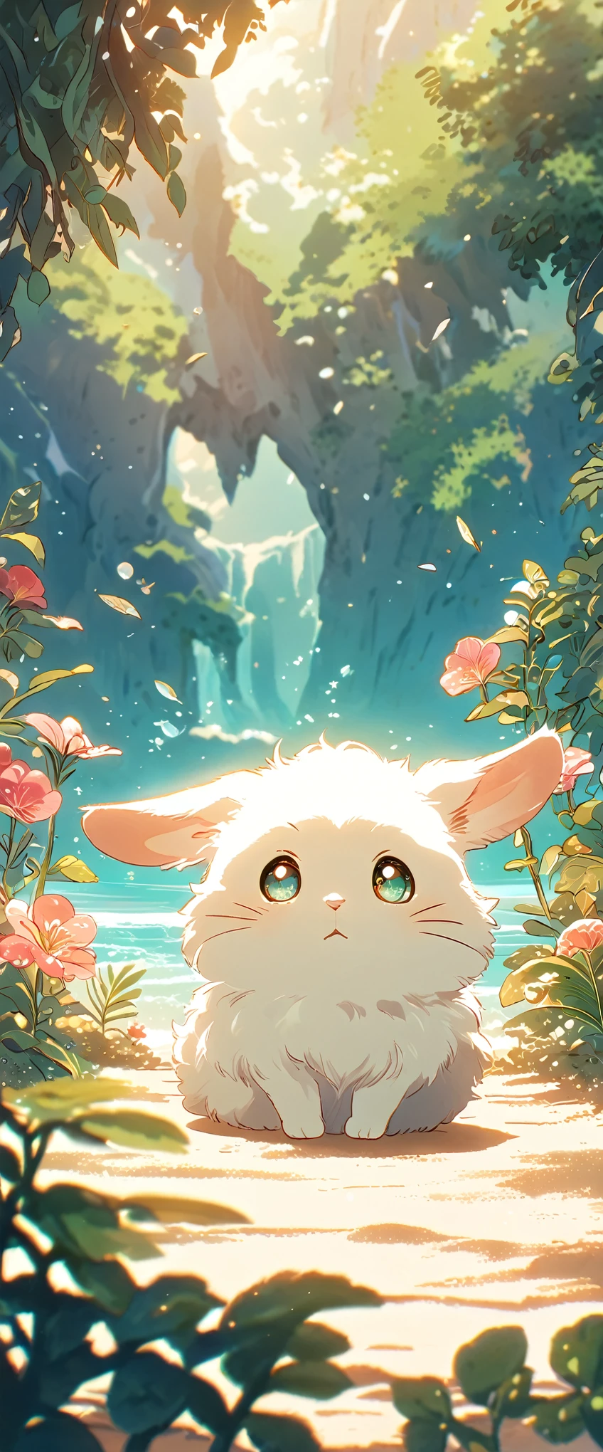 Create a close-up, animated illustration of a fluffy baby bunny sitting in Beach. Emphasize the soft fur, big eyes, and twitching nose of the bunny. The background should be a gentle blur of greenery, highlighting the cuteness and innocence of the baby bunny, by makoto shinkai, anime beautiful peace scene, beautiful anime scene, anime background art, anime landscape wallpaper, anime landscape, anime art wallpaper 4 k , anime art wallpaper 4k, beautiful anime scenery, anime art wallpaper 8 k, amazing wallpaper , Summer , Beach , Hot summer , Summer flowers