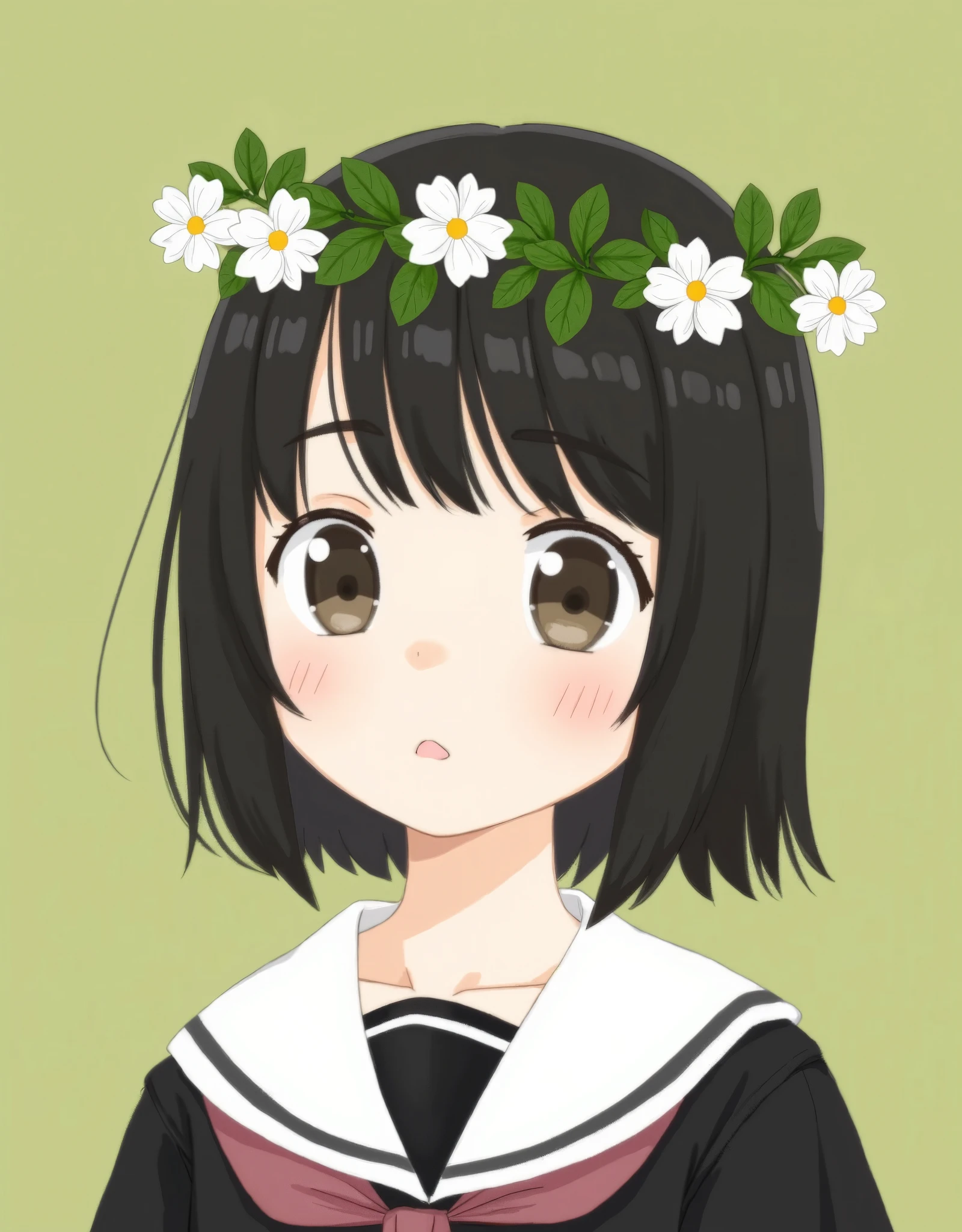 This is a digital illustration featuring a young girl with a serene expression, rendered in a soft, pastel style with clean lines and minimal shading. She has short, straight black hair that frames her face and is adorned with a wreath of green leaves and delicate white flowers. The flowers have yellow centers, adding a touch of vibrant contrast to the overall muted palette. The girl's skin is fair with a slight blush on her cheeks, and her large, expressive eyes are a light brown, gazing softly to the side. She wears a traditional Japanese schoolgirl uniform, characterized by a black sailor-style top with a white collar and a small bow at the neck, and a white sailor collar. The background is a solid olive-green color, which provides a neutral backdrop that enhances the focus on the girl and her wreath. The illustration has a minimalist aesthetic, emphasizing the simplicity and purity of the subject. The overall mood is calm and peaceful, with the soft colors and gentle composition contributing to the serene atmosphere.", "t5xxl": "This is a digital illustration featuring a young girl with a serene expression, rendered in a soft, pastel style with clean lines and minimal shading. She has short, straight black hair that frames her face and is adorned with a wreath of green leaves and delicate white flowers. The flowers have yellow centers, adding a touch of vibrant contrast to the overall muted palette. The girl's skin is fair with a slight blush on her cheeks, and her large, expressive eyes are a light brown, gazing softly to the side. She wears a traditional Japanese schoolgirl uniform, characterized by a black sailor-style top with a white collar and a small bow at the neck, and a white sailor collar. The background is a solid olive-green color, which provides a neutral backdrop that enhances the focus on the girl and her wreath. The illustration has a minimalist aesthetic, emphasizing the simplicity and purity of the subject. The overall mood is calm and peacefu