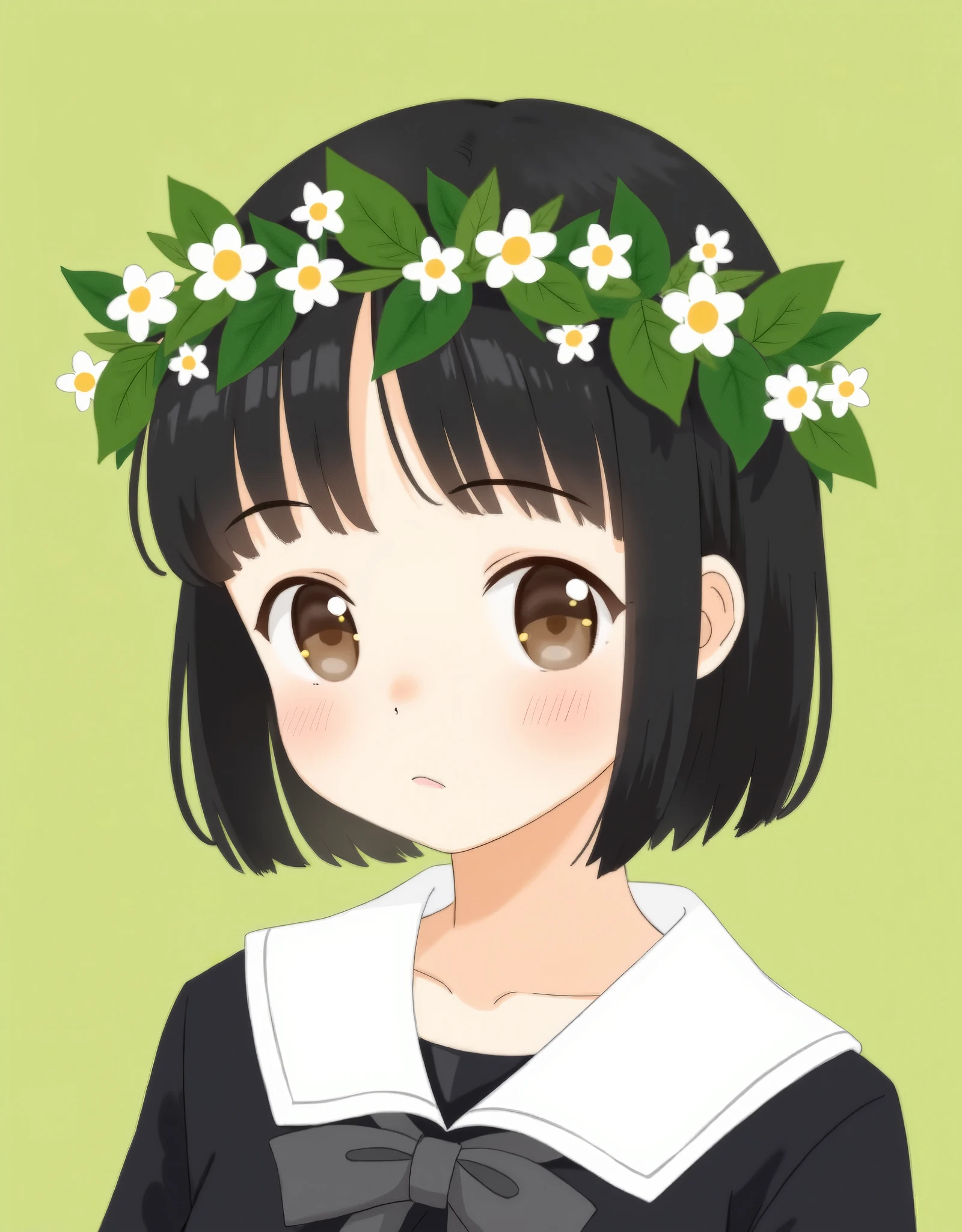 This is a digital illustration featuring a young girl with a serene expression, rendered in a soft, pastel style with clean lines and minimal shading. She has short, straight black hair that frames her face and is adorned with a wreath of green leaves and delicate white flowers. The flowers have yellow centers, adding a touch of vibrant contrast to the overall muted palette. The girl's skin is fair with a slight blush on her cheeks, and her large, expressive eyes are a light brown, gazing softly to the side. She wears a traditional Japanese schoolgirl uniform, characterized by a black sailor-style top with a white collar and a small bow at the neck, and a white sailor collar. The background is a solid olive-green color, which provides a neutral backdrop that enhances the focus on the girl and her wreath. The illustration has a minimalist aesthetic, emphasizing the simplicity and purity of the subject. The overall mood is calm and peaceful, with the soft colors and gentle composition contributing to the serene atmosphere.", "t5xxl": "This is a digital illustration featuring a young girl with a serene expression, rendered in a soft, pastel style with clean lines and minimal shading. She has short, straight black hair that frames her face and is adorned with a wreath of green leaves and delicate white flowers. The flowers have yellow centers, adding a touch of vibrant contrast to the overall muted palette. The girl's skin is fair with a slight blush on her cheeks, and her large, expressive eyes are a light brown, gazing softly to the side. She wears a traditional Japanese schoolgirl uniform, characterized by a black sailor-style top with a white collar and a small bow at the neck, and a white sailor collar. The background is a solid olive-green color, which provides a neutral backdrop that enhances the focus on the girl and her wreath. The illustration has a minimalist aesthetic, emphasizing the simplicity and purity of the subject. The overall mood is calm and peacefu